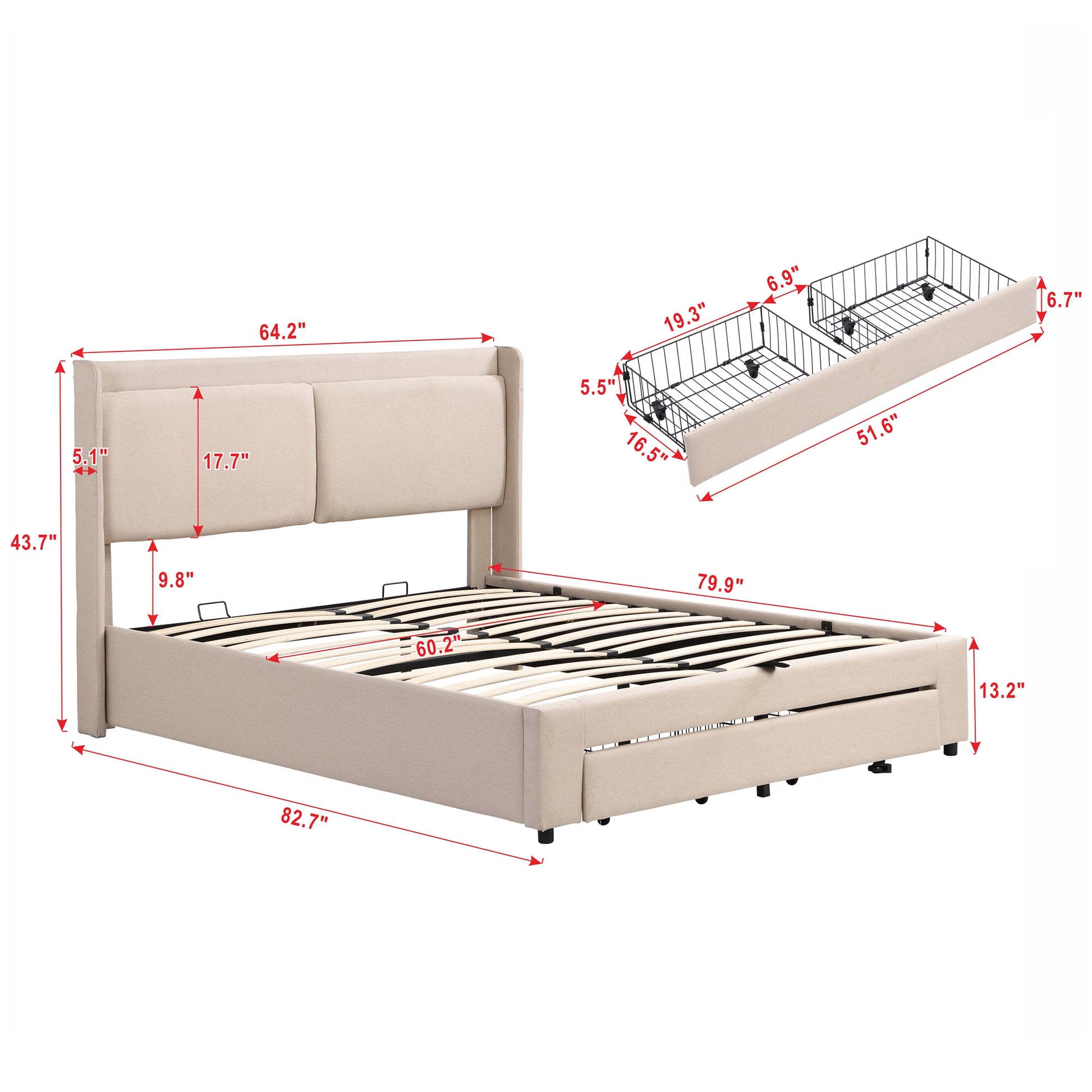 Queen Size Storage Upholstered Hydraulic Platform Bed With 2 Drawers, Beige Box Spring Not Required Queen Beige Metal Bedroom Bed Frame Linen Upholstered
