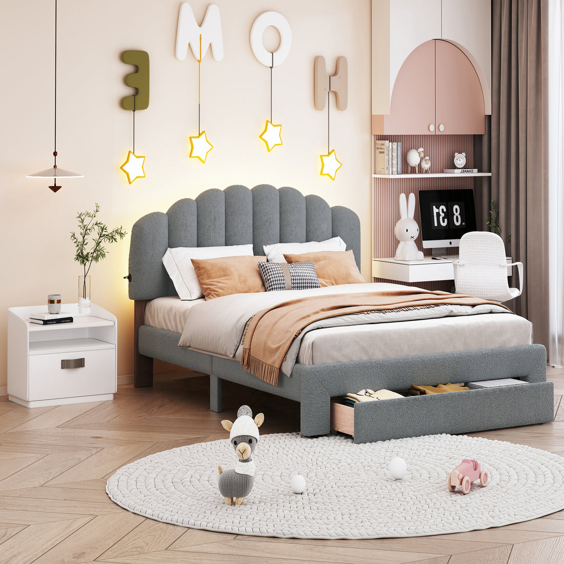 Teddy Fleece Queen Size Upholstered Platform Bed With Drawer, Gray Gray Fleece