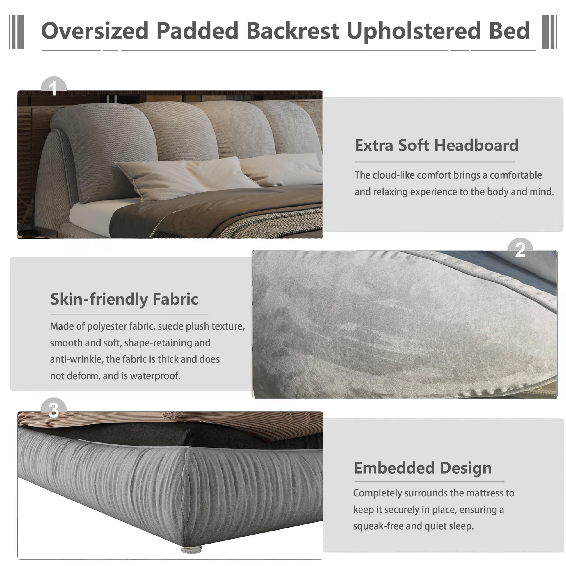 Queen Size Upholstered Platform Bed With Oversized Padded Backrest, Thickening Pinewooden Slats And Solid Wood Leg,Grey Queen Grey Pine Solid Wood