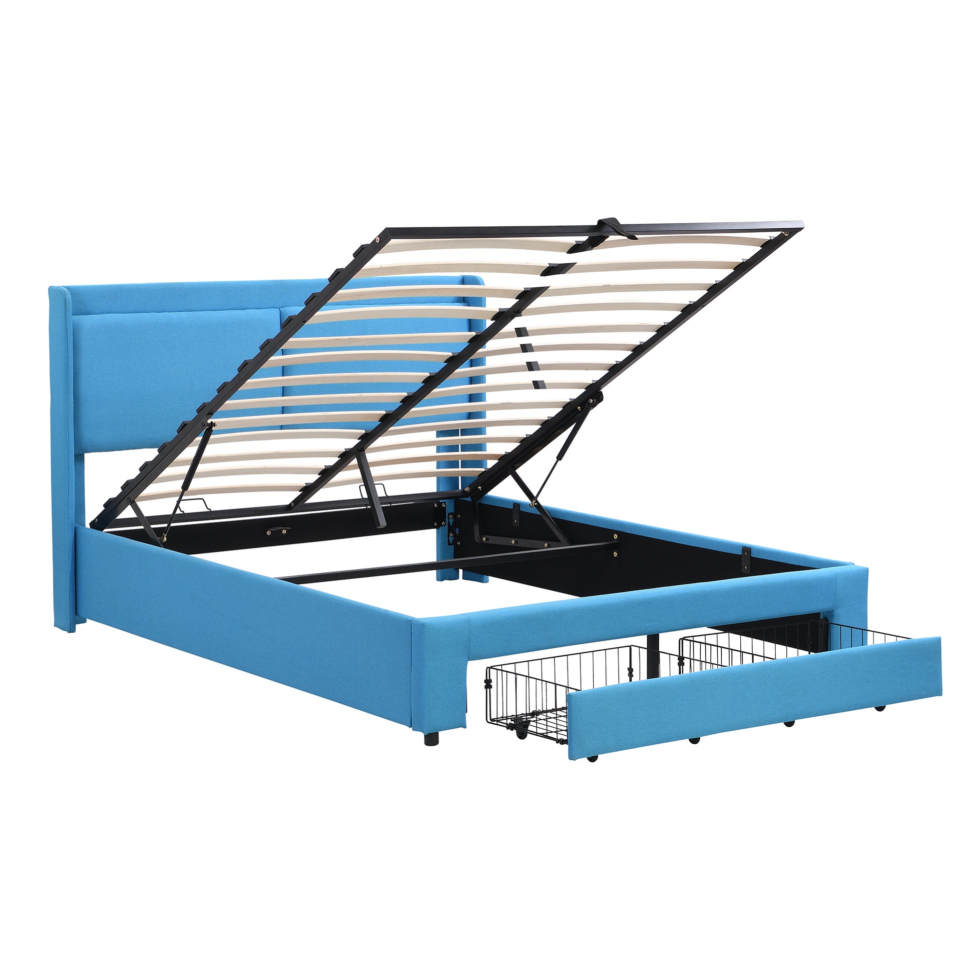 Queen Size Storage Upholstered Hydraulic Platform Bed With 2 Drawers, Blue Box Spring Not Required Queen Blue Metal Bedroom Bed Frame Linen Upholstered