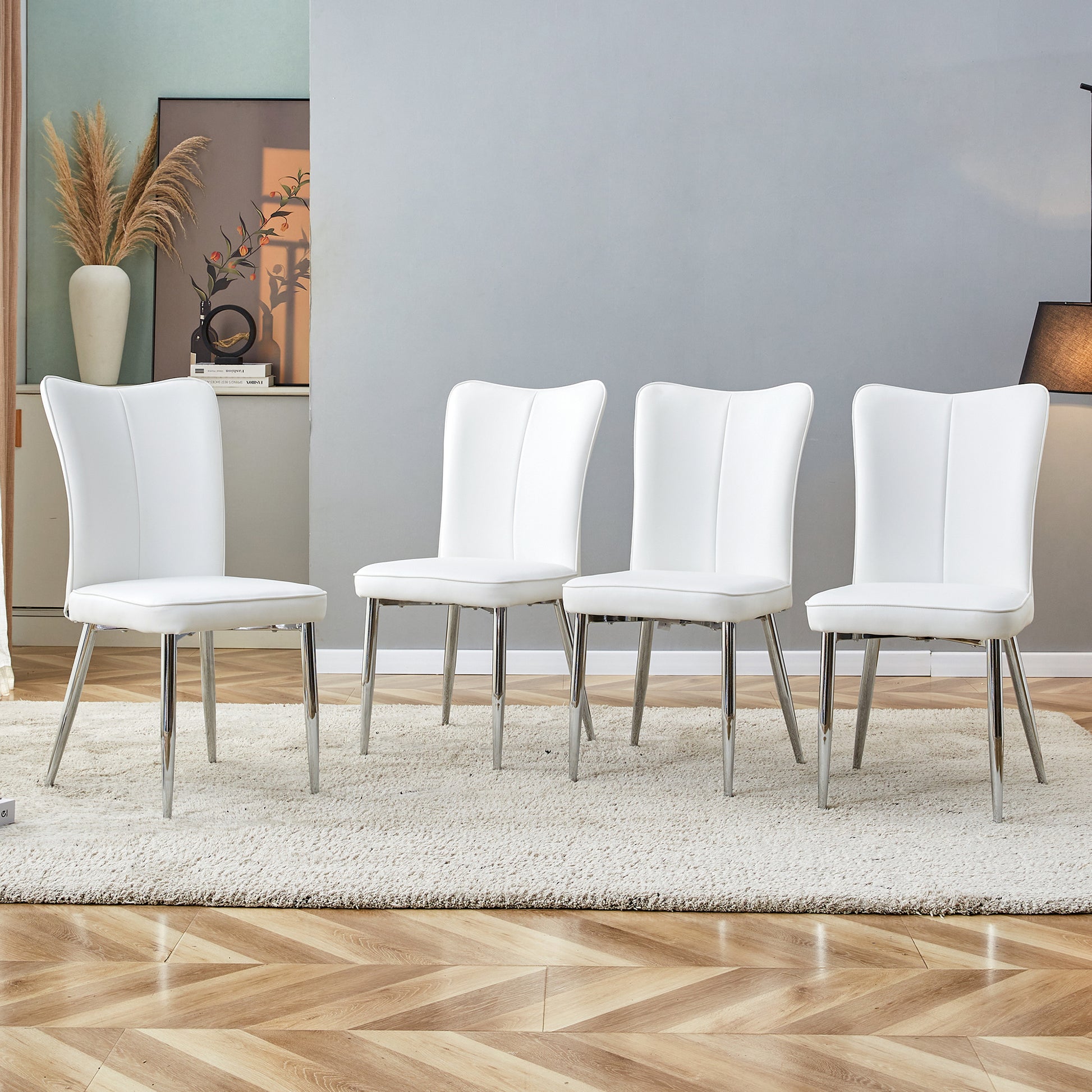 Modern Minimalist Dining Chairs, Office Chairs. 4 Piece Set Of White Pu Seats With Silver Metal Legs. Suitable For Restaurants, Living Rooms, And Offices. C 008 White Pu