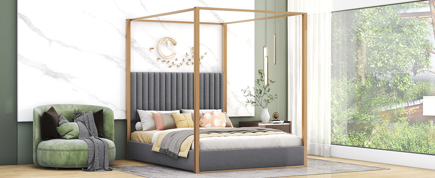 Queen Size Upholstery Canopy Platform Bed With Headboard And Metal Frame, Gray Box Spring Not Required Queen Gray Wood Linen Upholstered
