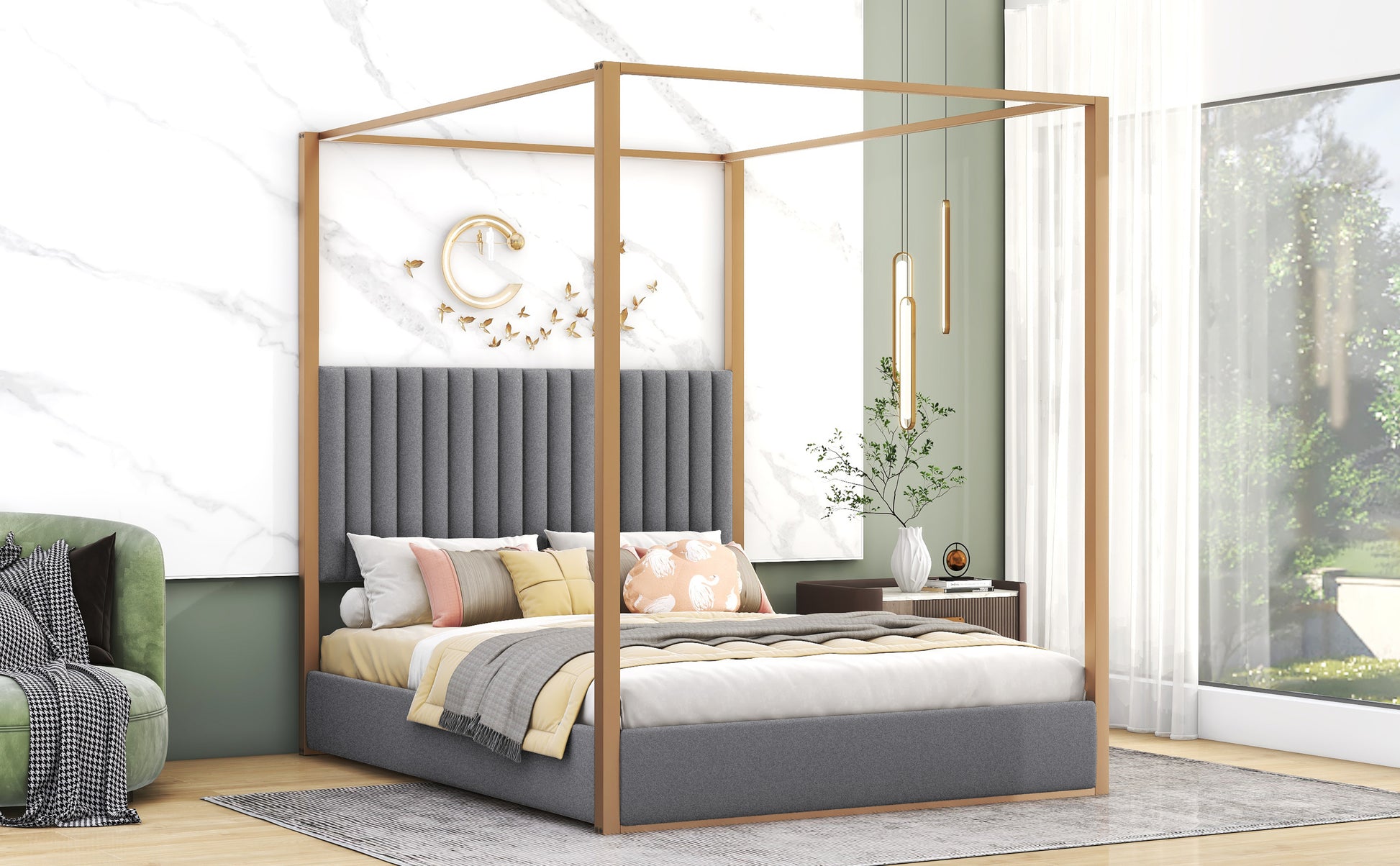 Queen Size Upholstery Canopy Platform Bed With Headboard And Metal Frame, Gray Box Spring Not Required Queen Gray Wood Linen Upholstered