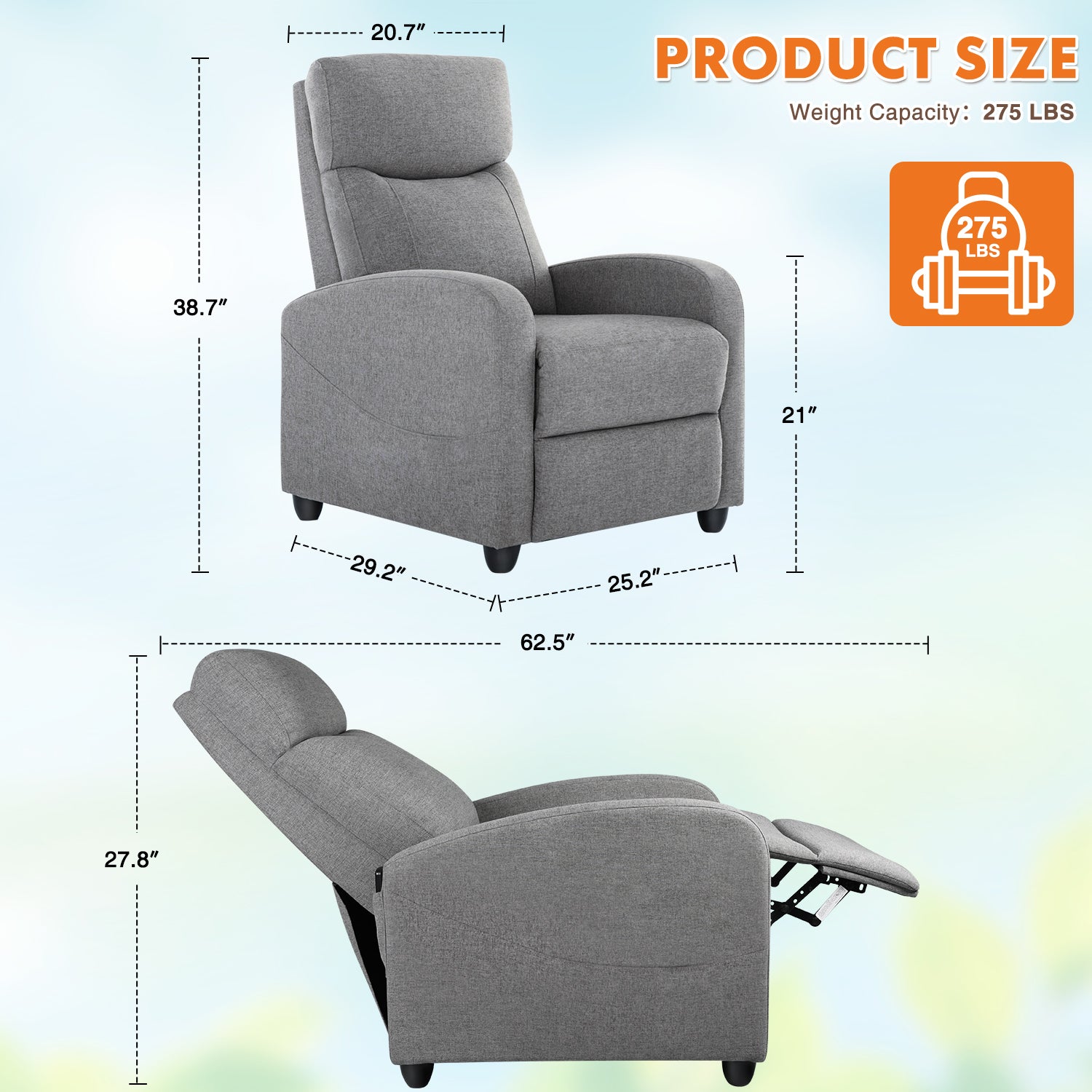 Sweetcrispy Recliner Chair For Living Room Massage Pu Leather Recliner Sofa Home Theater Seating With Lumbar Support Gray Fabric 1 Seat
