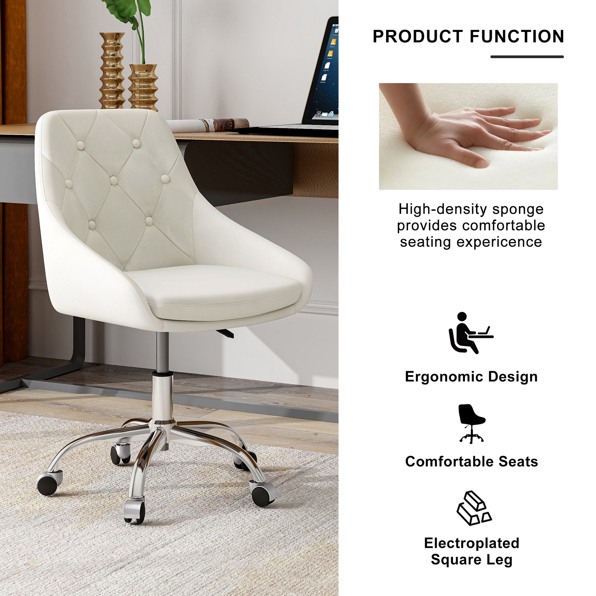 Modern Velvet Fabric With Chrome Legs Living Room Furniture Dining Chair, Soft And Comfortable, Lift Adjustment, Free Movement Convenient, Space Saving. Set Of 1 Beige Foam Metal