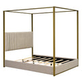 Queen Size Upholstery Canopy Platform Bed With Headboard And Metal Frame, Beige Box Spring Not Required Queen Beige Wood Linen Upholstered