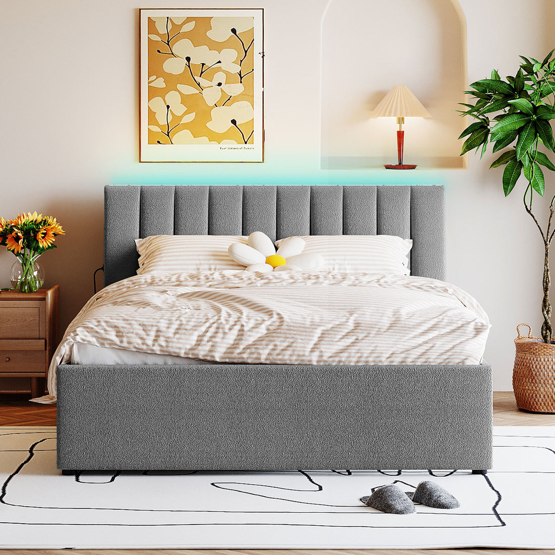 Teddy Fleece Queen Size Upholstered Platform Bed With Twin Xl Trundle, Gray Gray Fleece