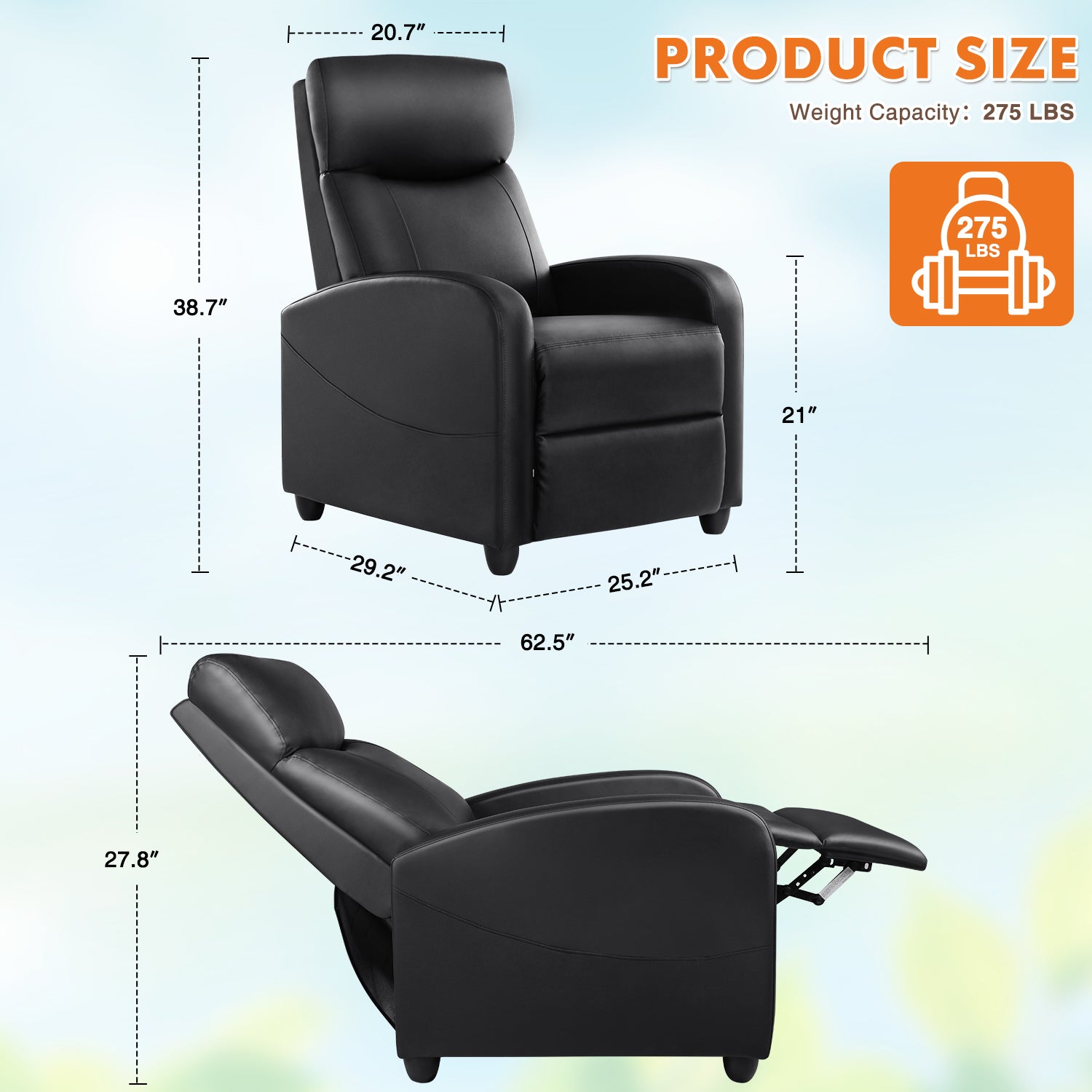 Sweetcrispy Recliner Chair For Living Room Massage Pu Leather Recliner Sofa Home Theater Seating With Lumbar Support Black Pu Leather 1 Seat