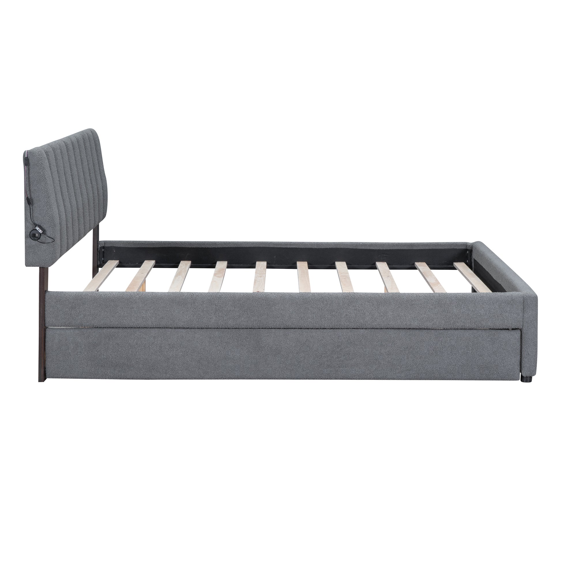 Teddy Fleece Queen Size Upholstered Platform Bed With Twin Xl Trundle, Gray Gray Fleece