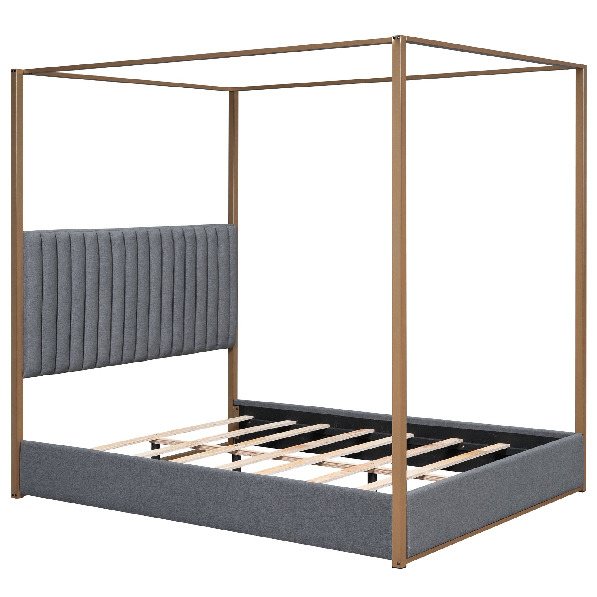 Queen Size Upholstery Canopy Platform Bed With Headboard And Metal Frame, Gray Box Spring Not Required Queen Gray Wood Linen Upholstered