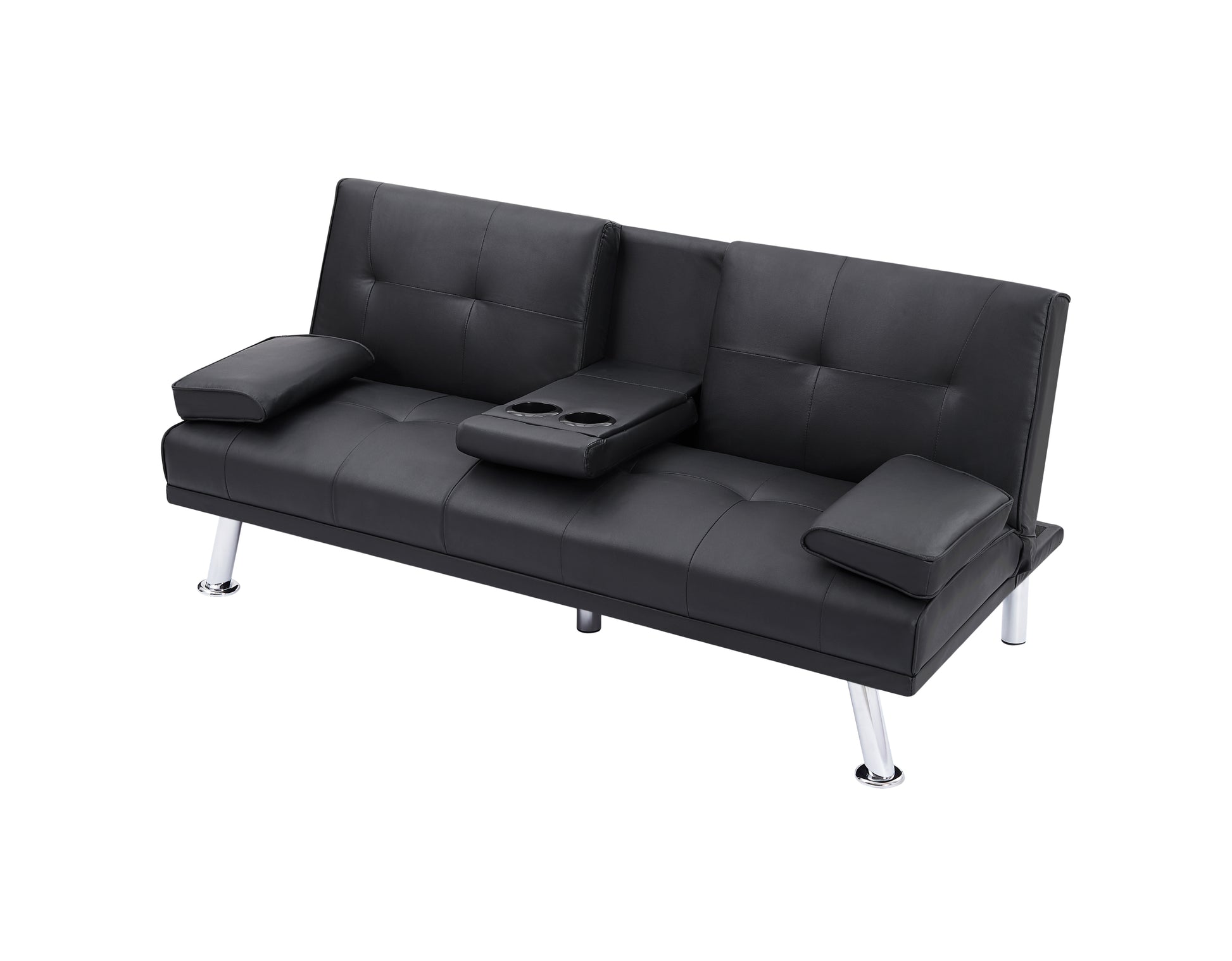 Black Foldable Sofa Bed With Cup Holder Black Faux Leather Wood Primary Living Space Medium Firm Heavy Duty Foam Faux Leather 3 Seat
