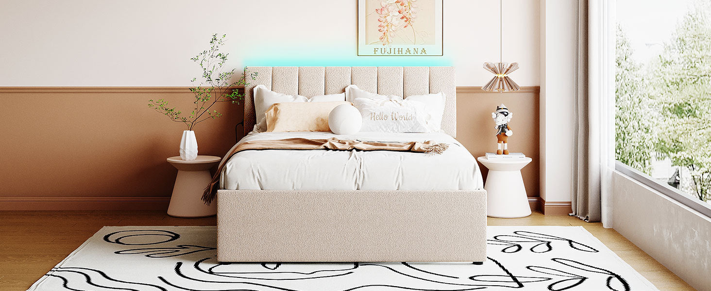 Teddy Fleece Full Size Upholstered Platform Bed With Trundle, Beige Full Beige Fleece