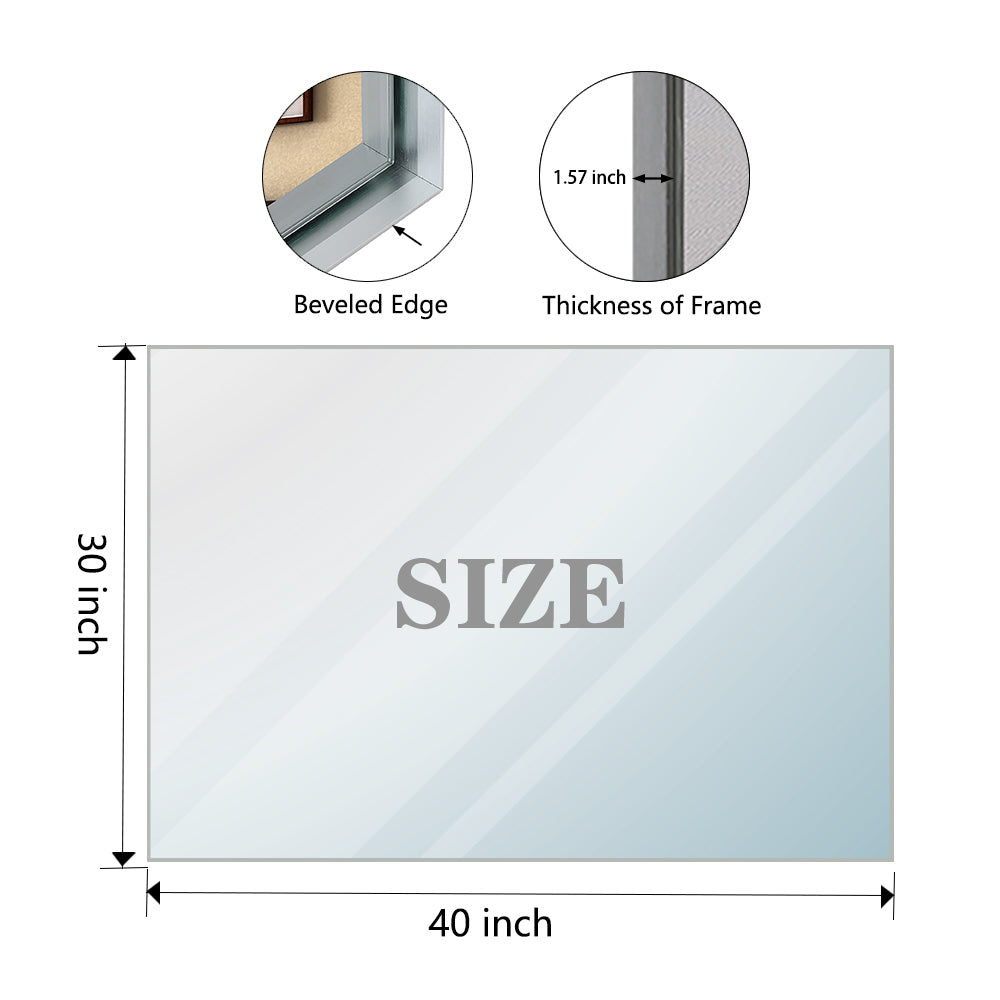 40X30Inch Silver Rectangular Wall Mounted Beveled Bathroom Mirror,Square Angle Metal Frame Wall Mounted Bathroom Mirrors For Wall Horizontal & Vertical Silver Classic,Modern Glass Aluminium Alloy