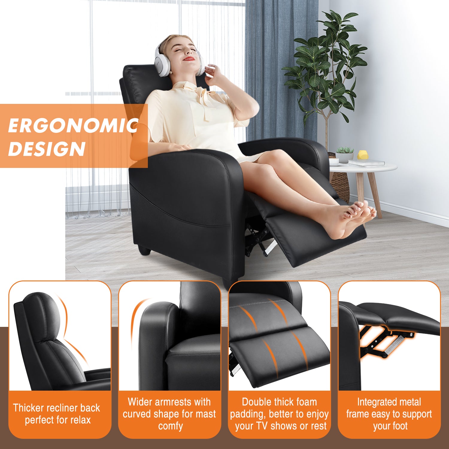 Sweetcrispy Recliner Chair For Living Room Massage Pu Leather Recliner Sofa Home Theater Seating With Lumbar Support Black Pu Leather 1 Seat