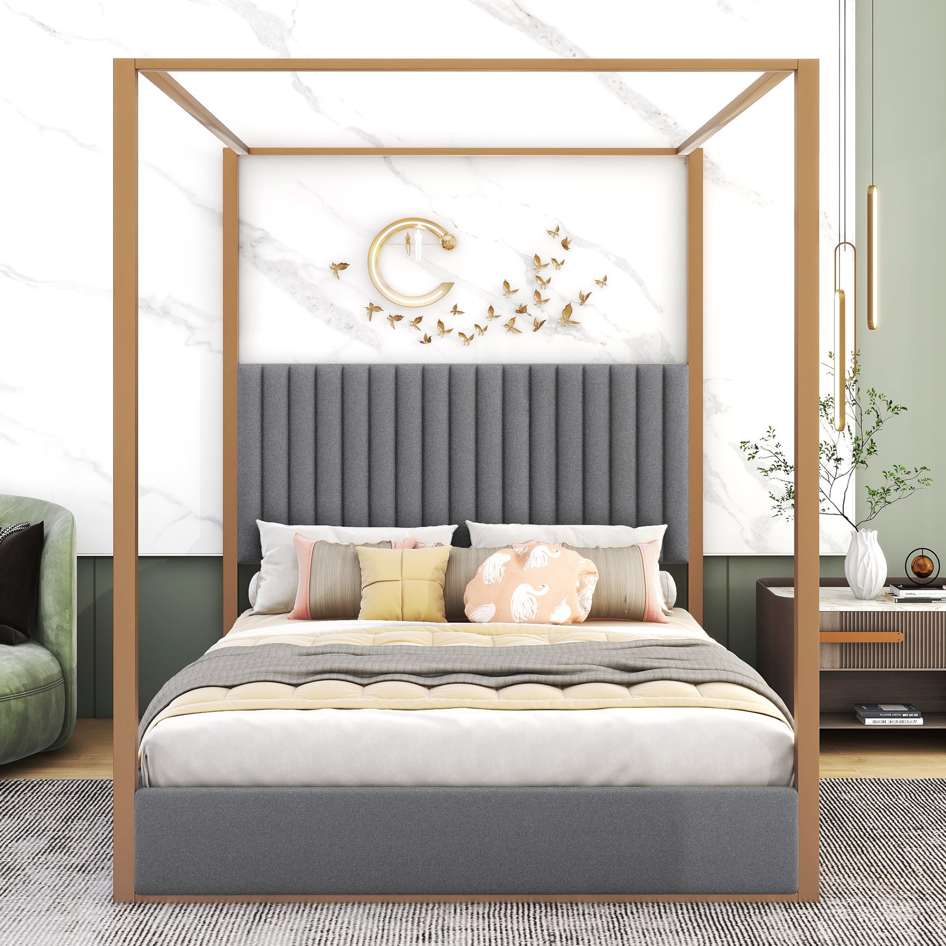 Queen Size Upholstery Canopy Platform Bed With Headboard And Metal Frame, Gray Box Spring Not Required Queen Gray Wood Linen Upholstered