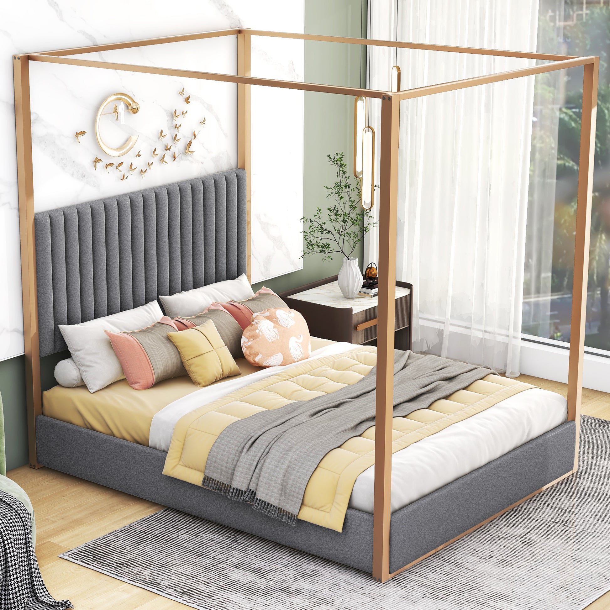 Queen Size Upholstery Canopy Platform Bed With Headboard And Metal Frame, Gray Box Spring Not Required Queen Gray Wood Linen Upholstered