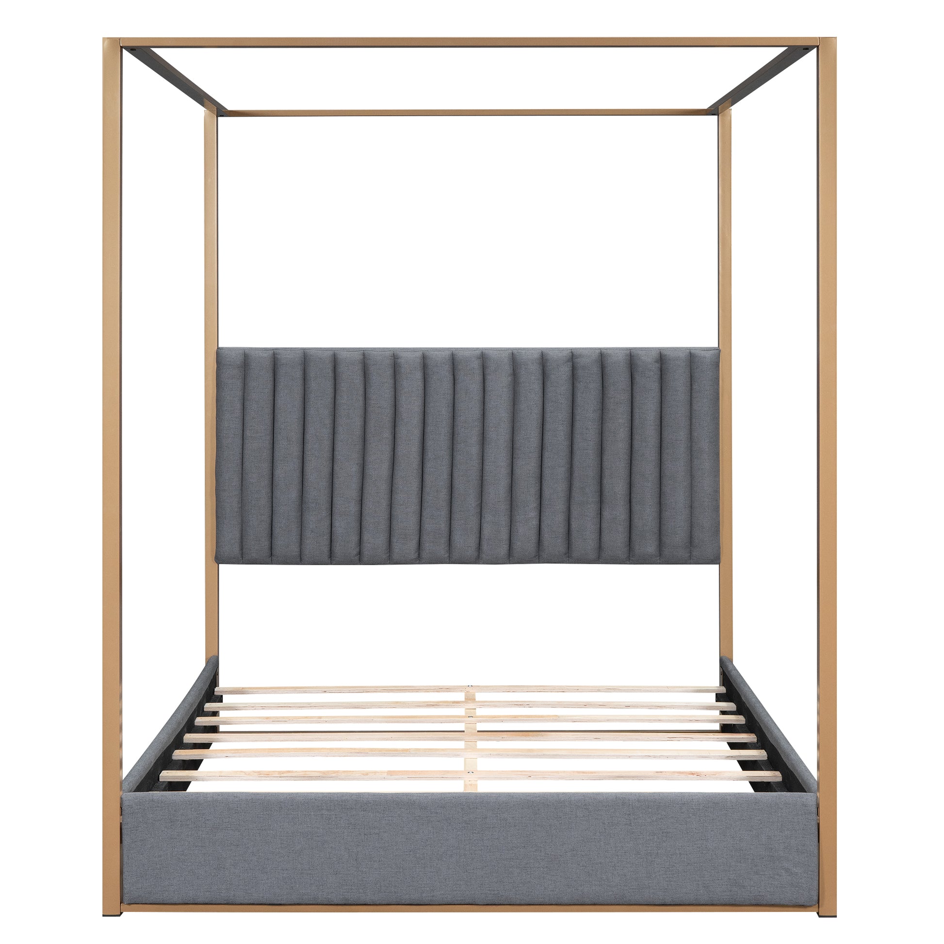 Queen Size Upholstery Canopy Platform Bed With Headboard And Metal Frame, Gray Box Spring Not Required Queen Gray Wood Linen Upholstered