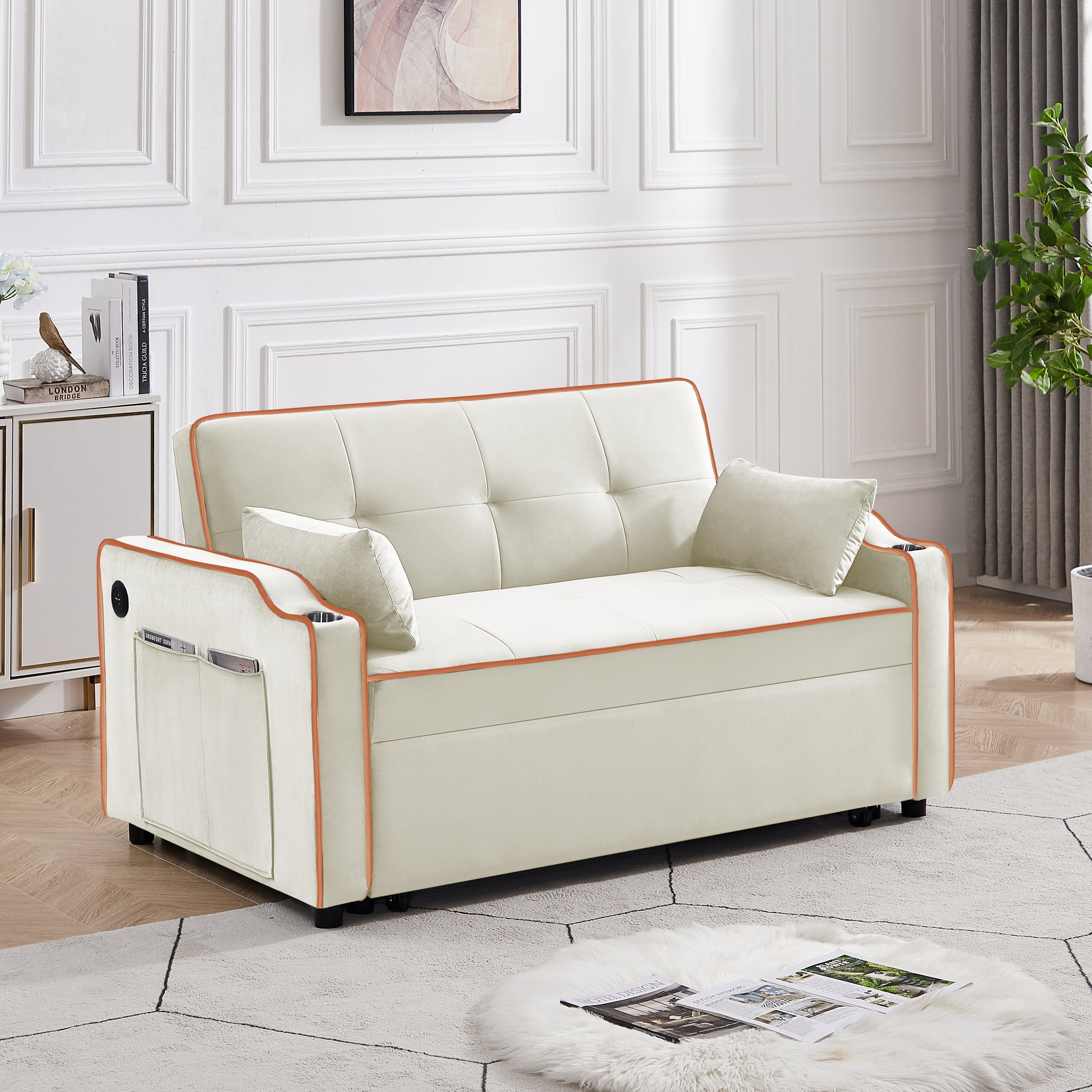 Sofa Bed, 3 In 1 Convertible Sofa Chair Bed, Adjustable Backrest Chair, Chaise Lounge With Usb Ports, Cup Holder, Side Pocket,Beige Beige Velvet