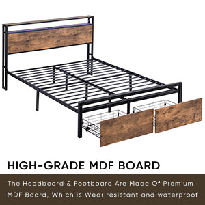 Queen Size Bed Frame With Storage Headboard And 2 Drawers, Led Lights Bed With Charging Station, Metal Platform Bed No Noise, Mattress Foundation Strong Metal Slats Support No Box Spring Needed Box Spring Not Required Queen Black Brown Iron Brown Bedroom