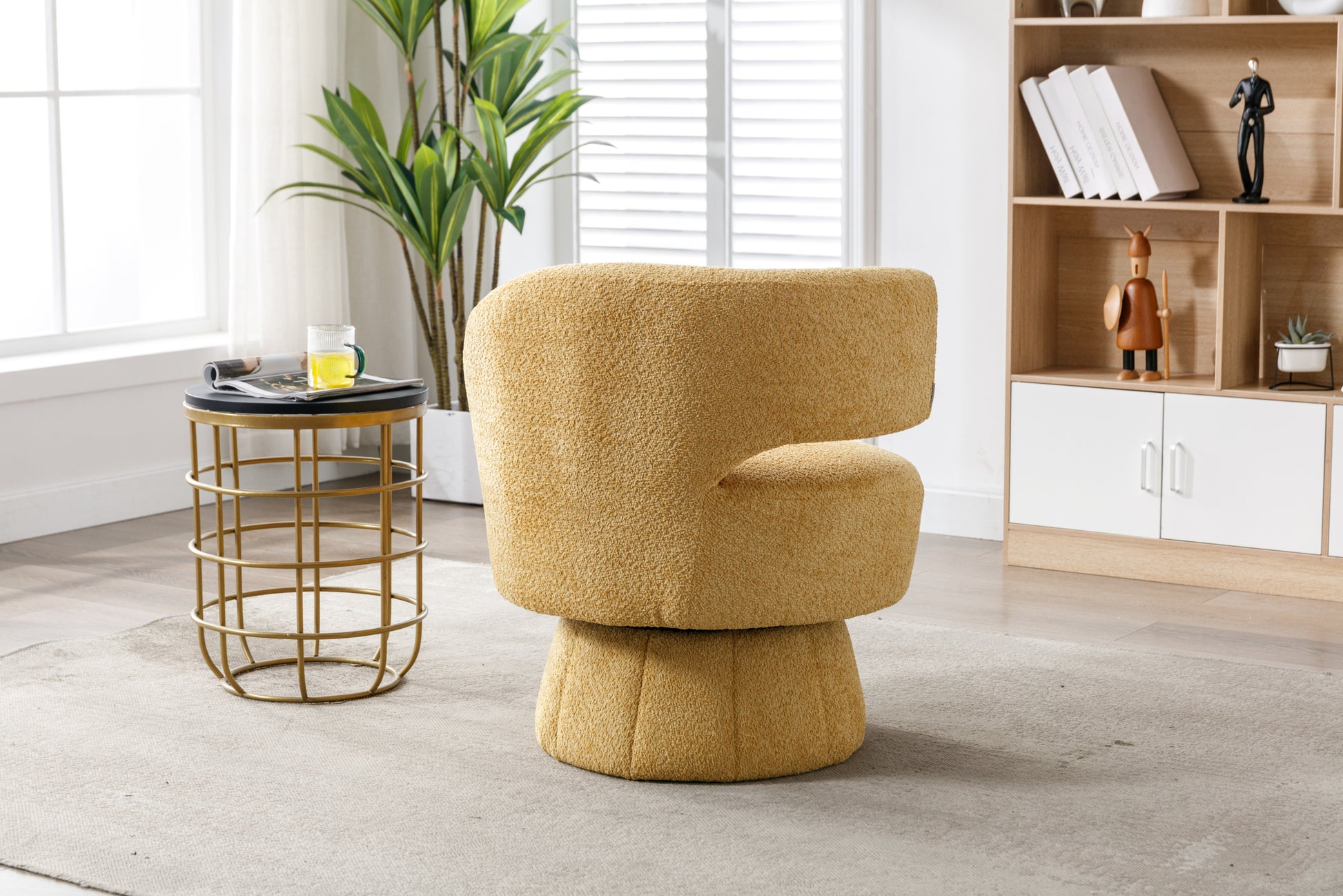 360 Degree Swivel Cuddle Barrel Accent Chairs, Round Armchairs With Wide Upholstered, Fluffy Fabric Chair For Living Room, Bedroom, Office, Waiting Rooms Yellow Foam Boucle
