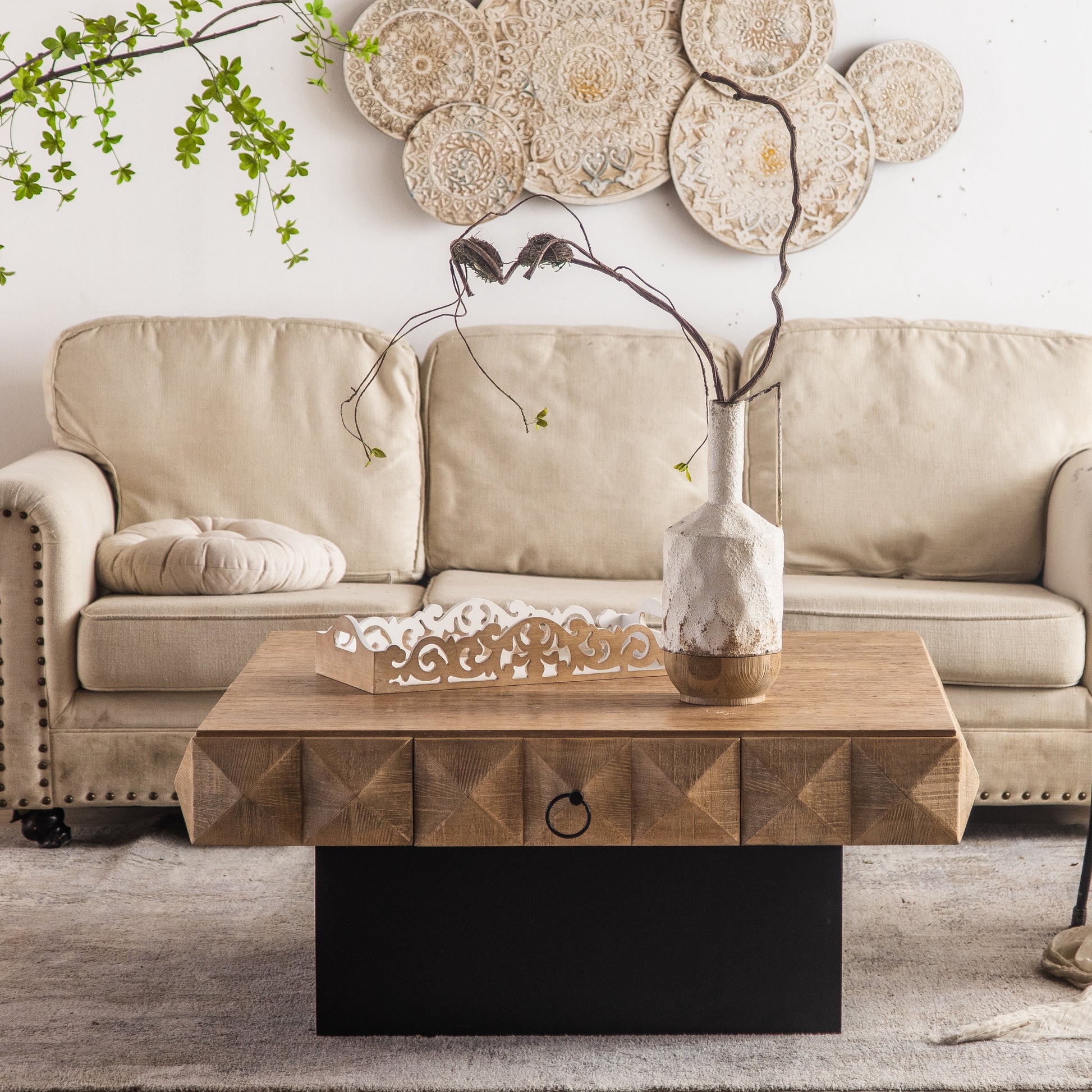 41.73"Three Dimensional Embossed Pattern Square Retro Coffee Table With 2 Drawers And Mdf Base Natural Solid Wood Mdf