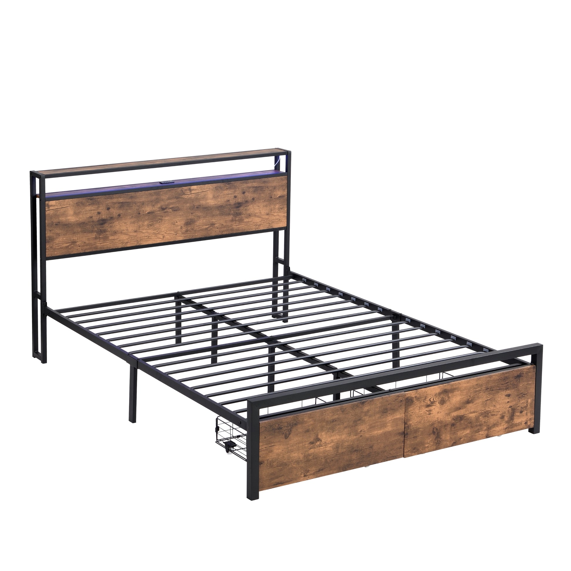 Queen Size Bed Frame With Storage Headboard And 2 Drawers, Led Lights Bed With Charging Station, Metal Platform Bed No Noise, Mattress Foundation Strong Metal Slats Support No Box Spring Needed Box Spring Not Required Queen Black Brown Iron Brown Bedroom