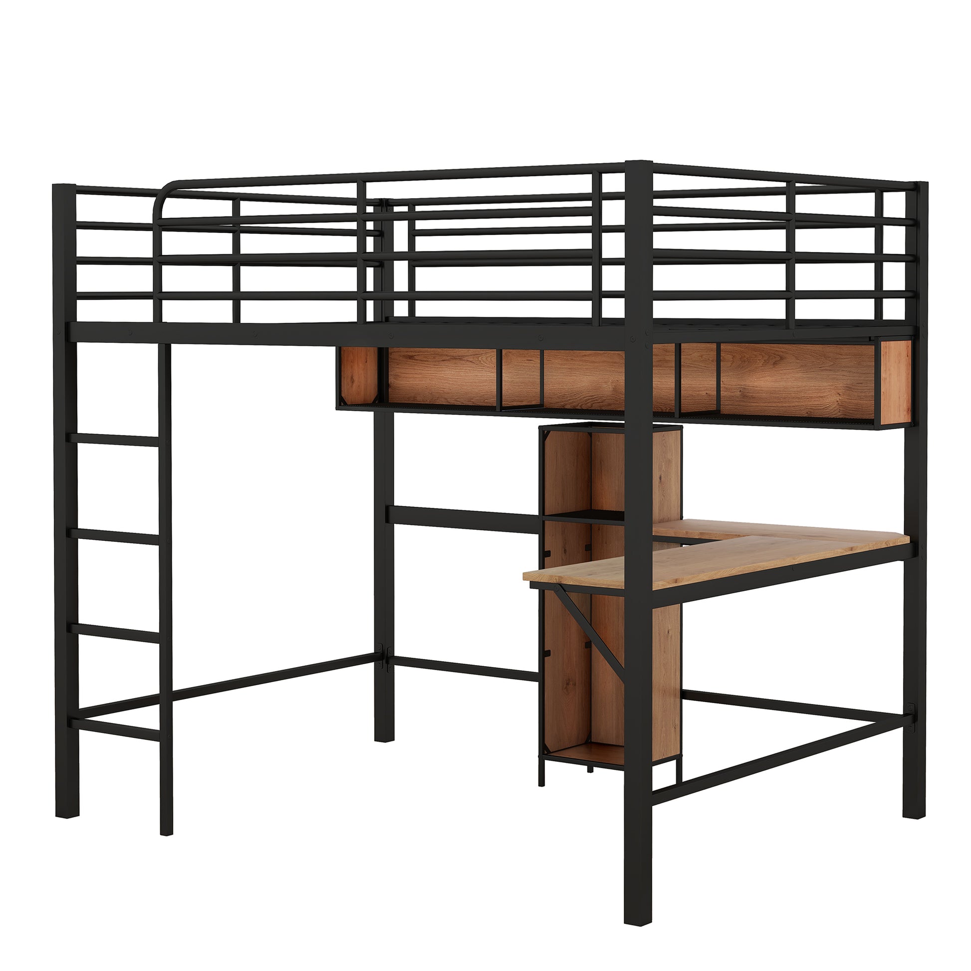 Full Size Metal & Wood Loft Bed With L Shaped Desk And Shelves, Black And Brown Black Metal