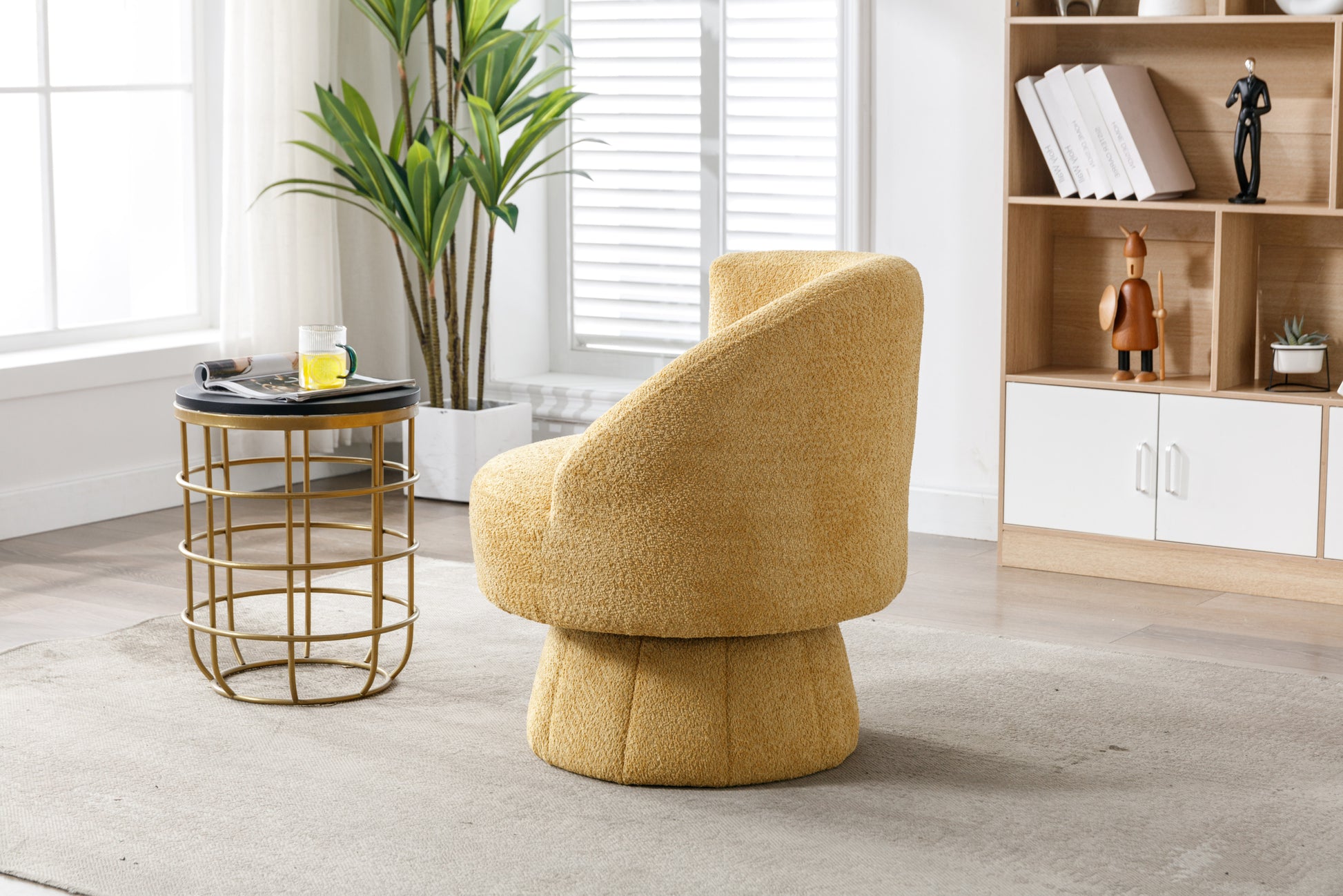 360 Degree Swivel Cuddle Barrel Accent Chairs, Round Armchairs With Wide Upholstered, Fluffy Fabric Chair For Living Room, Bedroom, Office, Waiting Rooms Yellow Foam Boucle