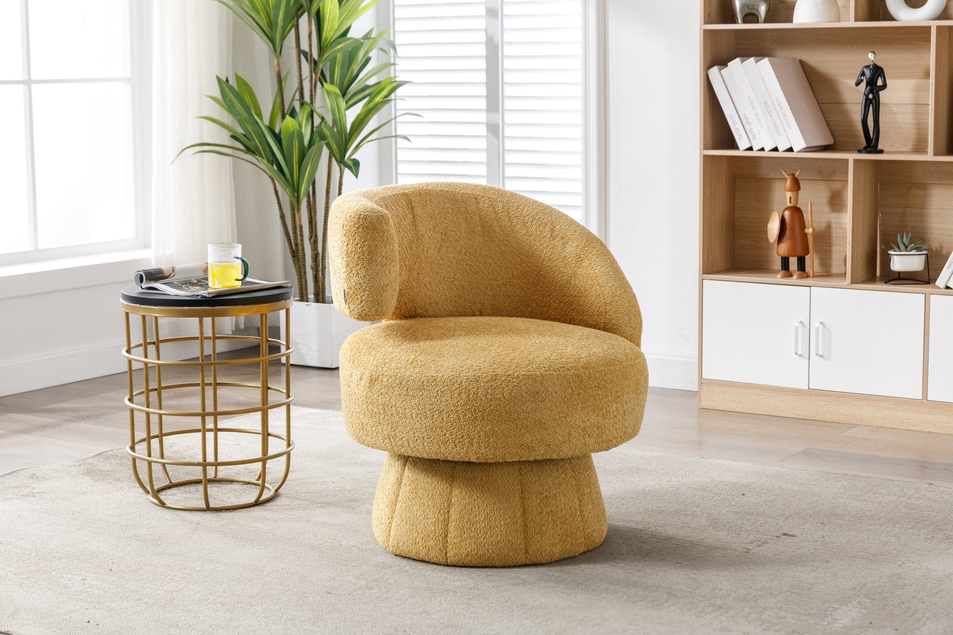 360 Degree Swivel Cuddle Barrel Accent Chairs, Round Armchairs With Wide Upholstered, Fluffy Fabric Chair For Living Room, Bedroom, Office, Waiting Rooms Yellow Foam Boucle