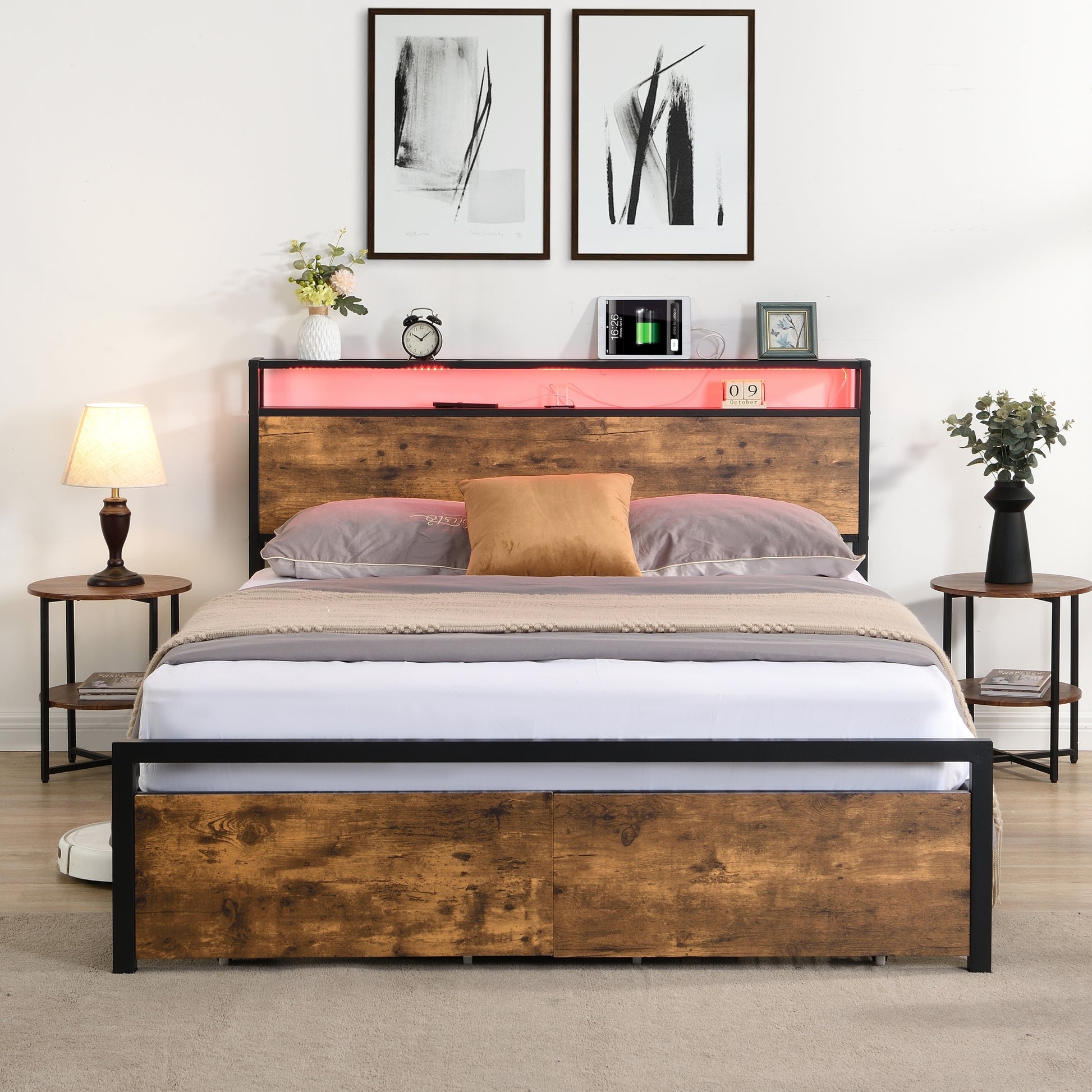Queen Size Bed Frame With Storage Headboard And 2 Drawers, Led Lights Bed With Charging Station, Metal Platform Bed No Noise, Mattress Foundation Strong Metal Slats Support No Box Spring Needed Box Spring Not Required Queen Black Brown Iron Brown Bedroom