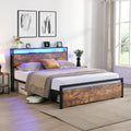 Queen Size Bed Frame With Storage Headboard And 2 Drawers, Led Lights Bed With Charging Station, Metal Platform Bed No Noise, Mattress Foundation Strong Metal Slats Support No Box Spring Needed Box Spring Not Required Queen Black Brown Iron Brown Bedroom