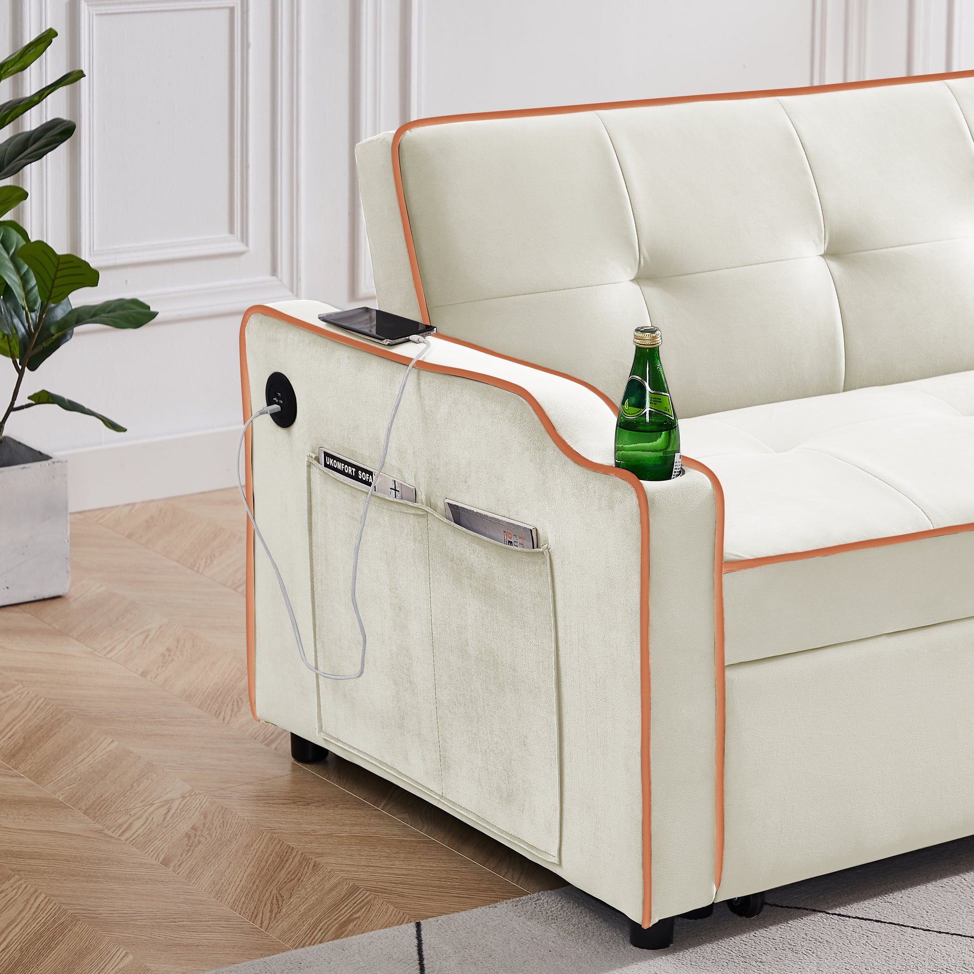 Sofa Bed, 3 In 1 Convertible Sofa Chair Bed, Adjustable Backrest Chair, Chaise Lounge With Usb Ports, Cup Holder, Side Pocket,Beige Beige Velvet