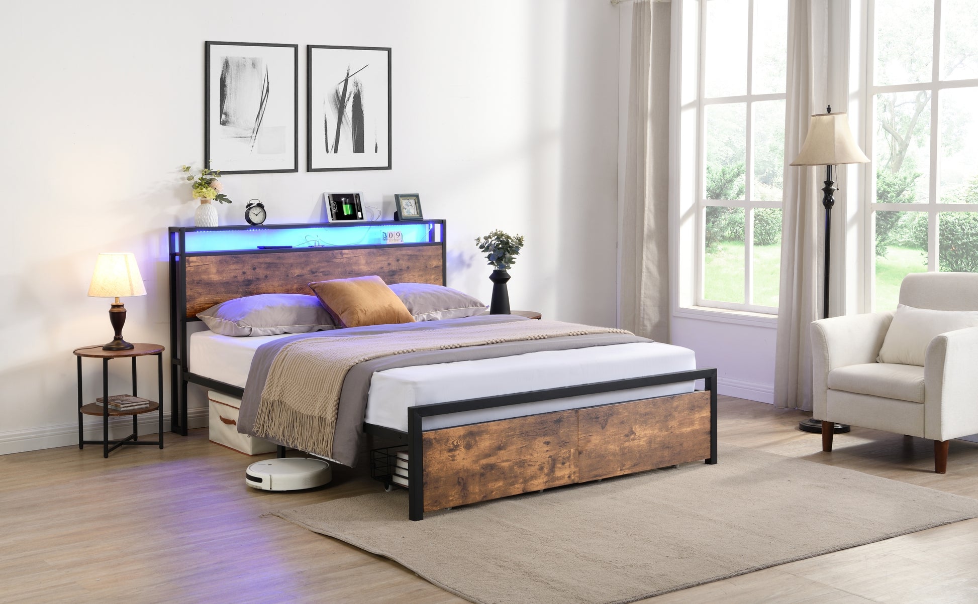 Queen Size Bed Frame With Storage Headboard And 2 Drawers, Led Lights Bed With Charging Station, Metal Platform Bed No Noise, Mattress Foundation Strong Metal Slats Support No Box Spring Needed Box Spring Not Required Queen Black Brown Iron Brown Bedroom