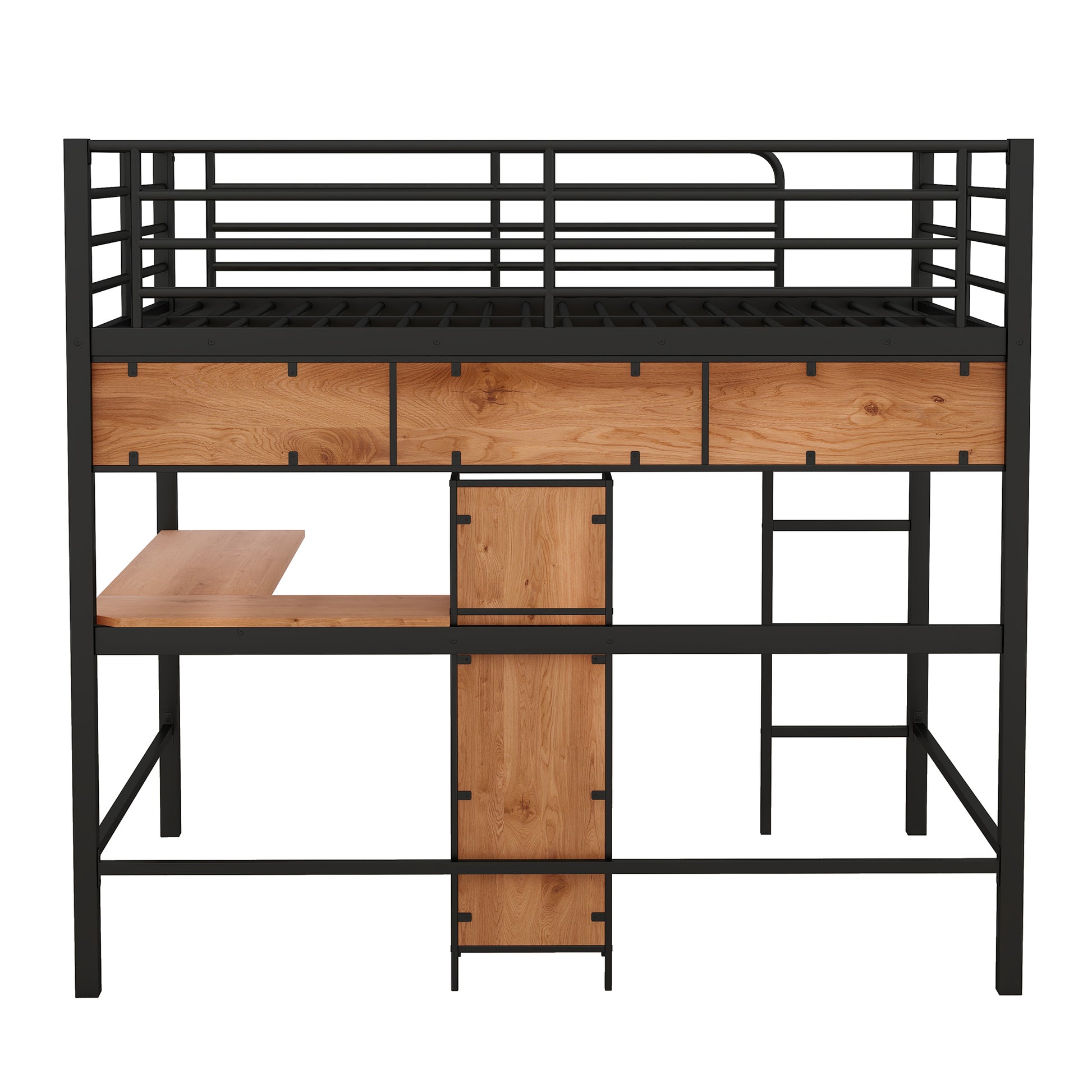 Full Size Metal & Wood Loft Bed With L Shaped Desk And Shelves, Black And Brown Black Metal