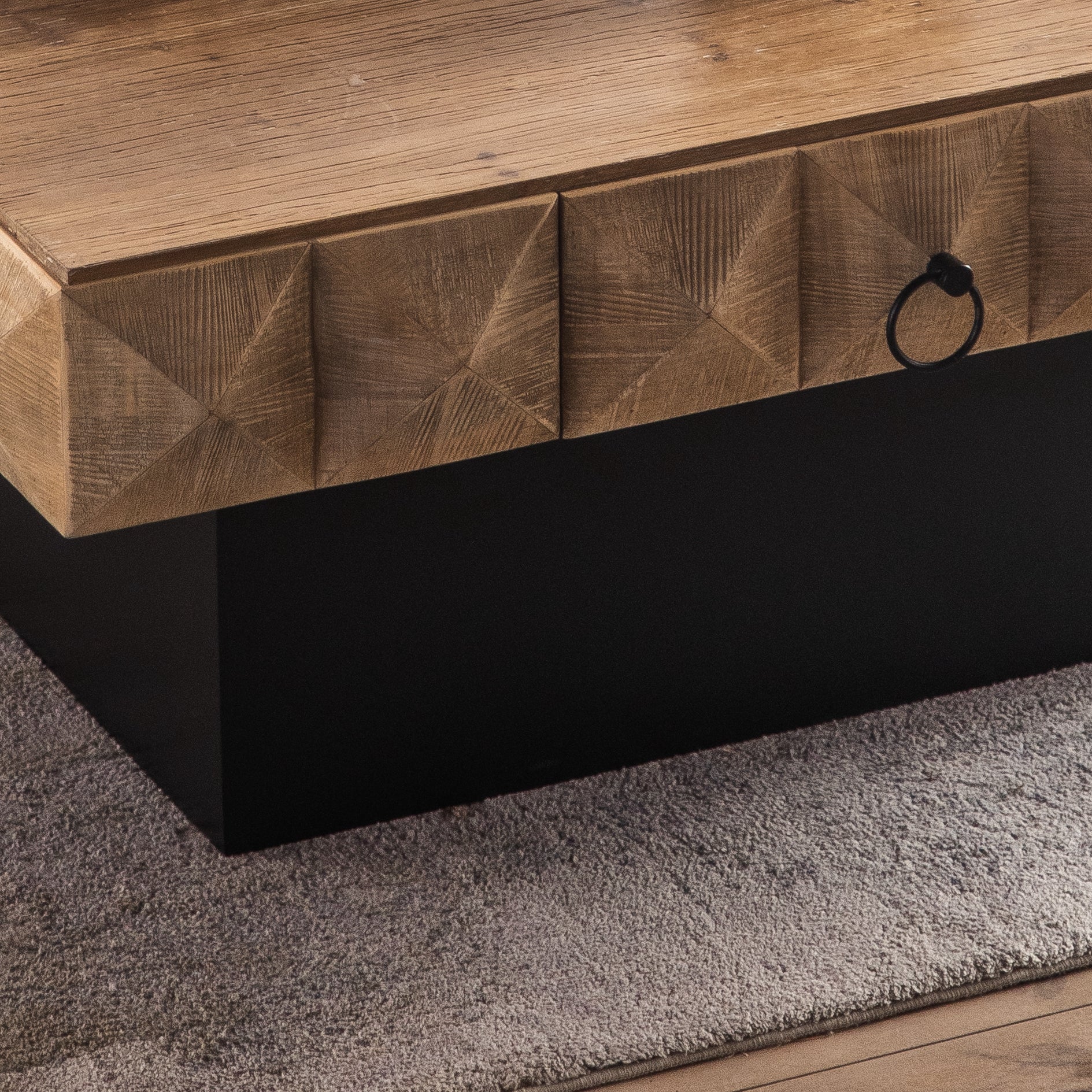 41.73"Three Dimensional Embossed Pattern Square Retro Coffee Table With 2 Drawers And Mdf Base Natural Solid Wood Mdf