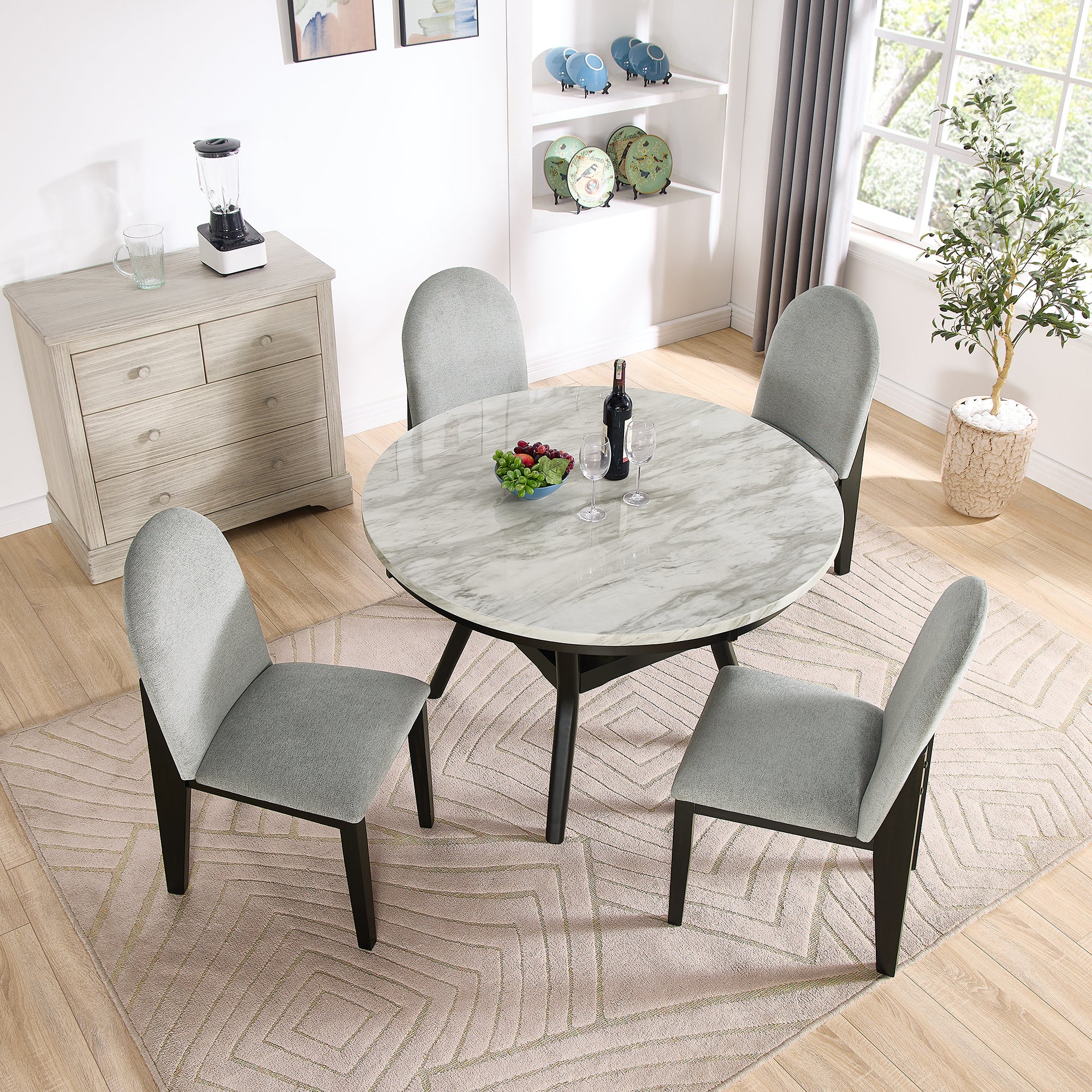5 Piece Dining Table And Chair Set, Round Dining Table With 4 Upholstered Chairs, Dining Table Set With Storage Black White Solid Wood Mdf
