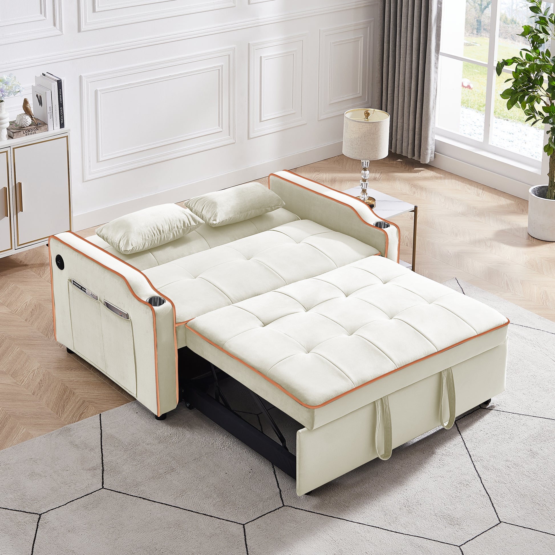 Sofa Bed, 3 In 1 Convertible Sofa Chair Bed, Adjustable Backrest Chair, Chaise Lounge With Usb Ports, Cup Holder, Side Pocket,Beige Beige Velvet