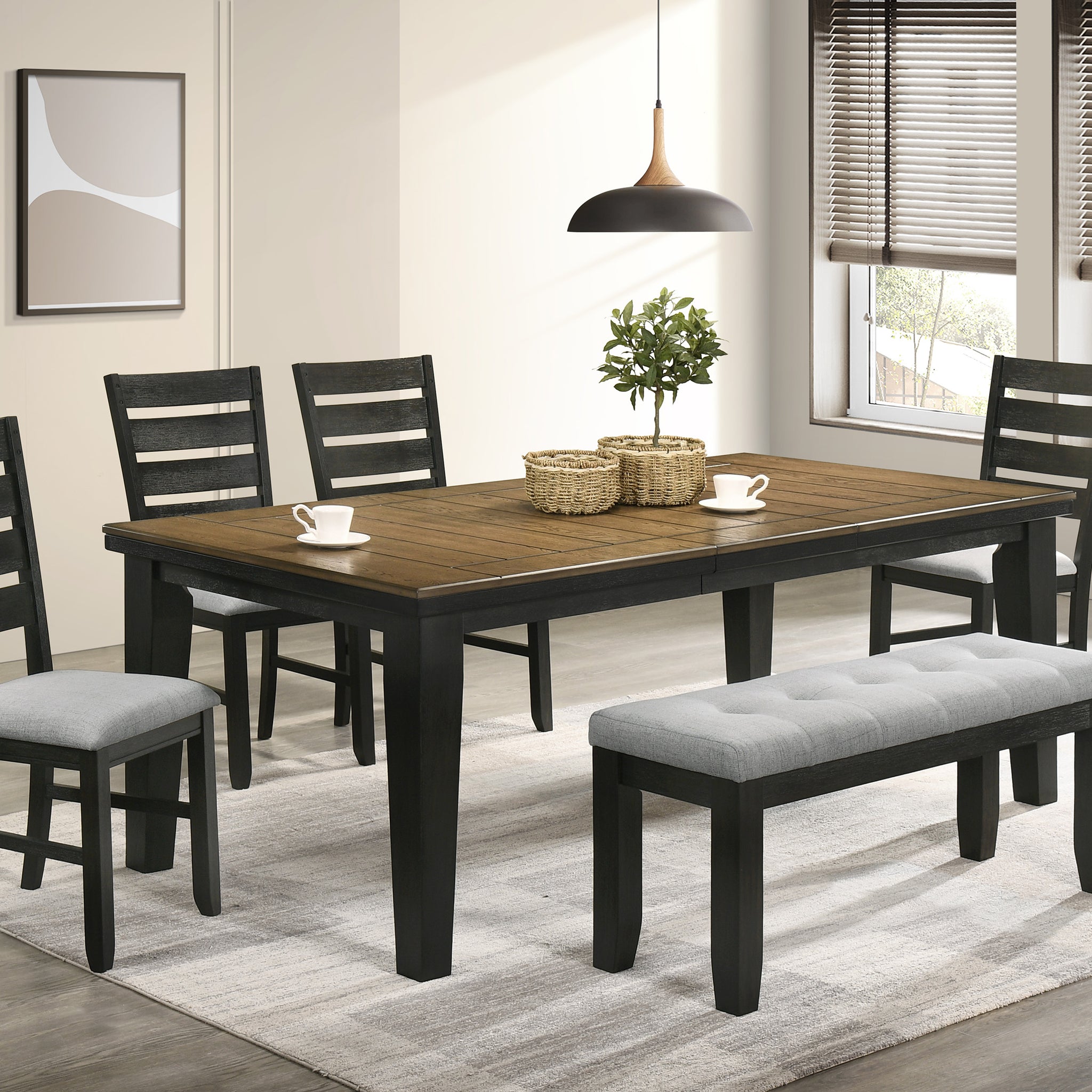 Contemporary 6Pc Dining Set 18" Extendable Leaf Table Gray Fabric Upholstered Chair Bench Seats Wheat Charcoal Finish Wooden Solid Wood Dining Room Furniture Wood Wood Charcoal Ladder Back Seats 6 Wood Dining Room Extendable Modern 4 Leg Rectangular
