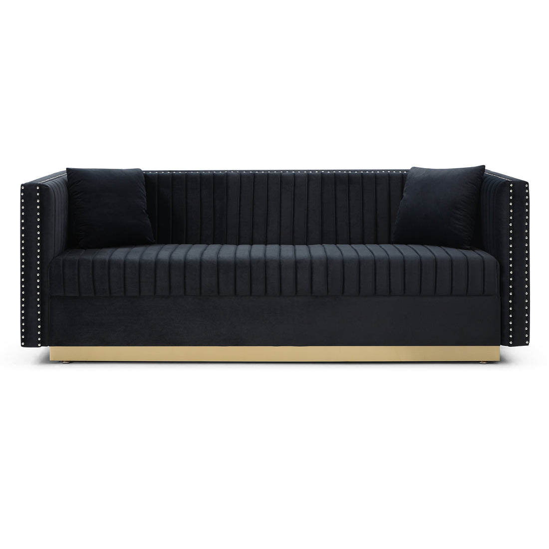 Contemporary Vertical Channel Tufted Velvet Sofa Modern Upholstered Couch For Living Room Apartment With 2 Pillows,Black Black Foam Velvet
