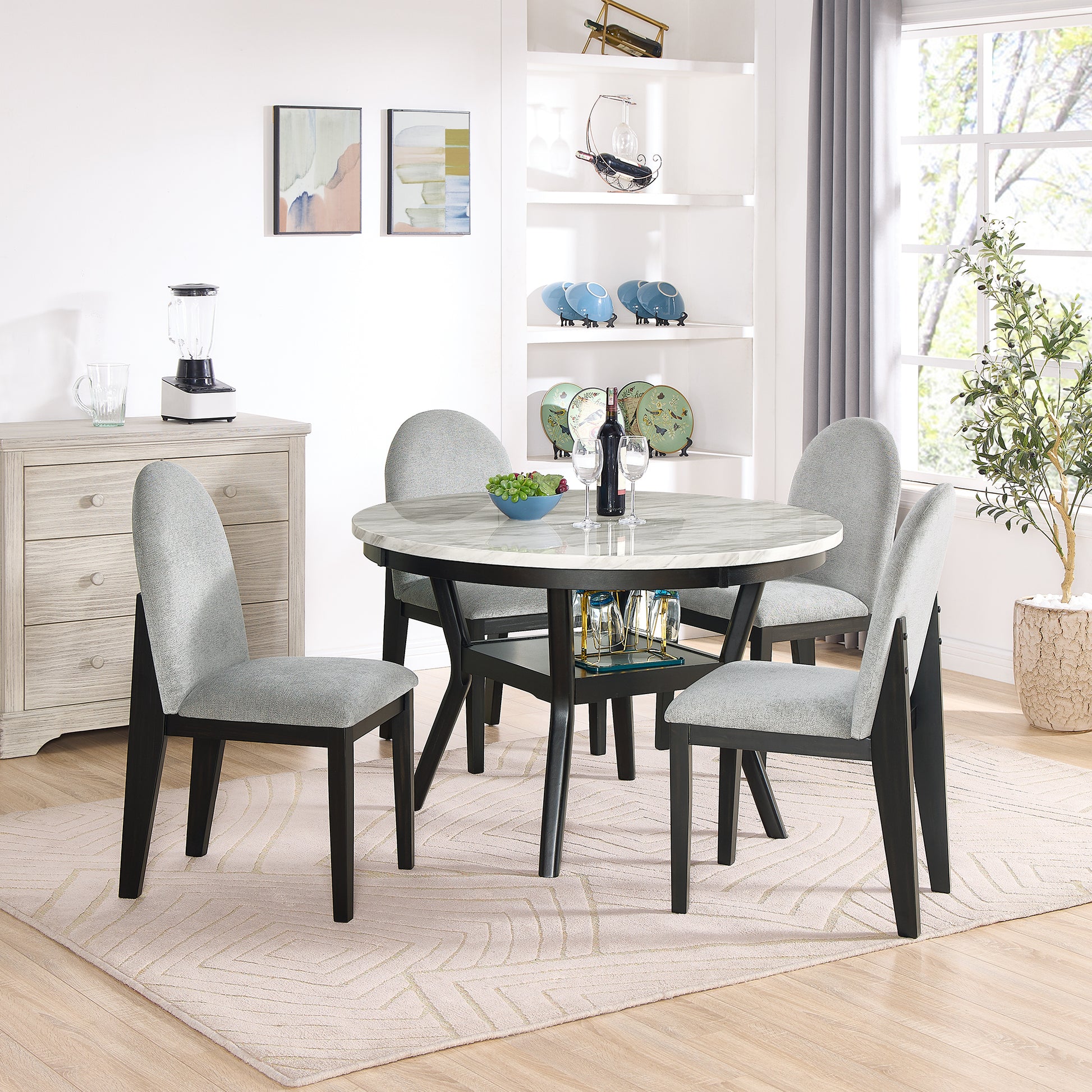 5 Piece Dining Table And Chair Set, Round Dining Table With 4 Upholstered Chairs, Dining Table Set With Storage Black White Solid Wood Mdf