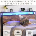 Queen Size Bed Frame With Storage Headboard And 2 Drawers, Led Lights Bed With Charging Station, Metal Platform Bed No Noise, Mattress Foundation Strong Metal Slats Support No Box Spring Needed Box Spring Not Required Queen Black Brown Iron Brown Bedroom