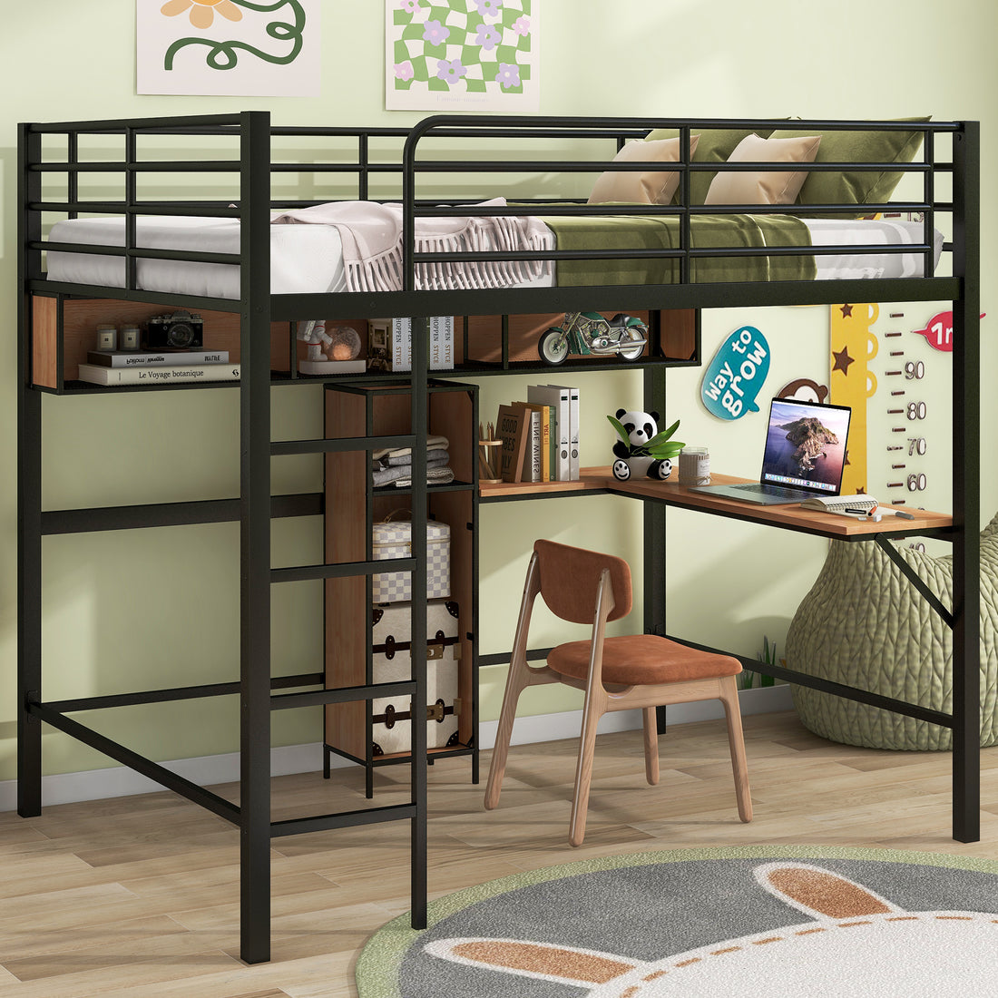 Full Size Metal & Wood Loft Bed With L Shaped Desk And Shelves, Black And Brown Black Metal