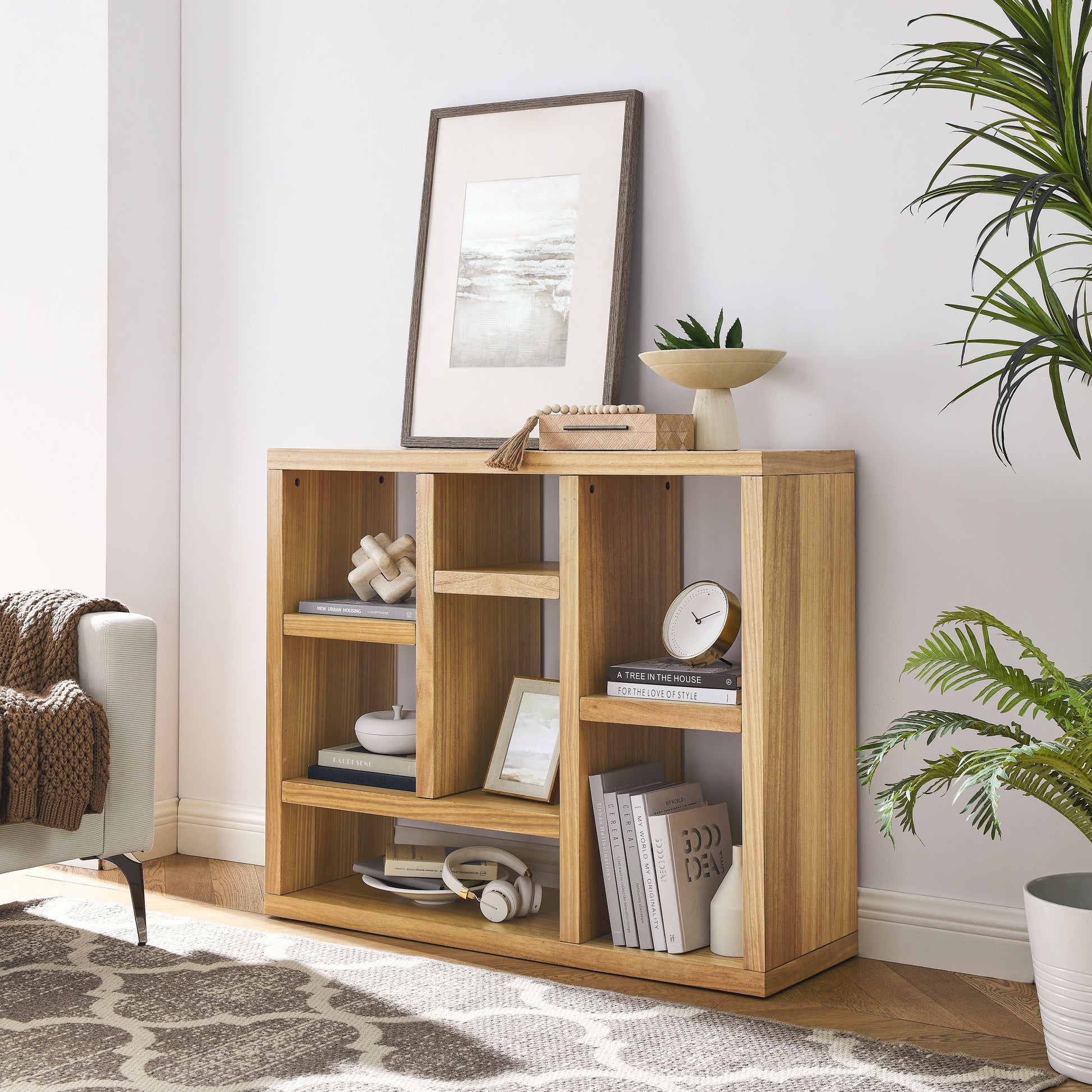 Open Wooden Open Shelf Bookcase, Freestanding Display Storage Cabinet With 7 Cube Storage Spaces, Floor Standing Bookshelf, Entryway, Living Room Storage Cabinet Natural Wood Mdf