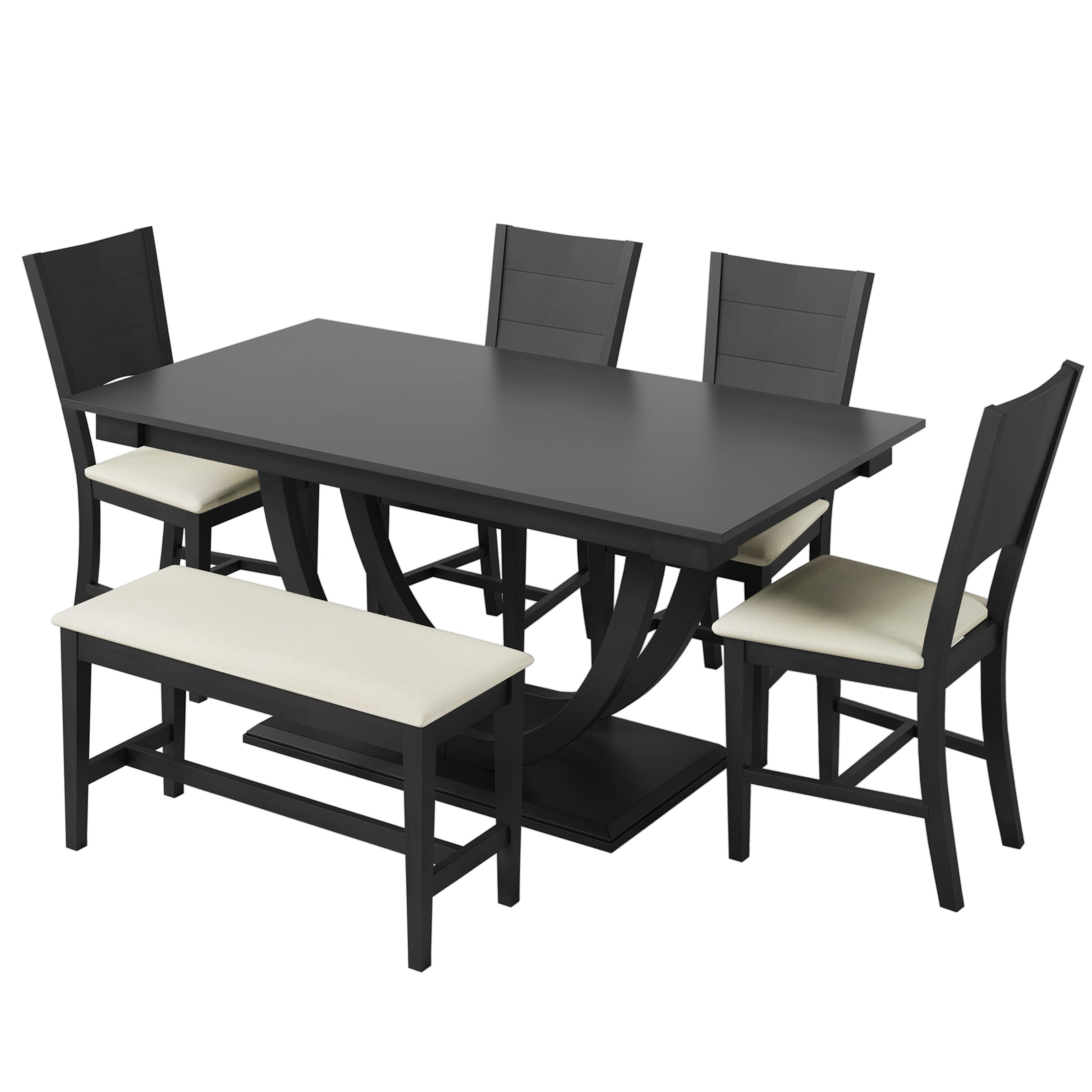 6 Piece Wood Half Round Dining Table Set Kitchen Table Set With Long Bench And 4 Dining Chairs, Modern Style, Gray Gray Wood Dining Room Bench Seating Rubberwood Rectangular Dining Table With Chair And Bench Upholstered Chair Wood Gray Solid Back Seats 6