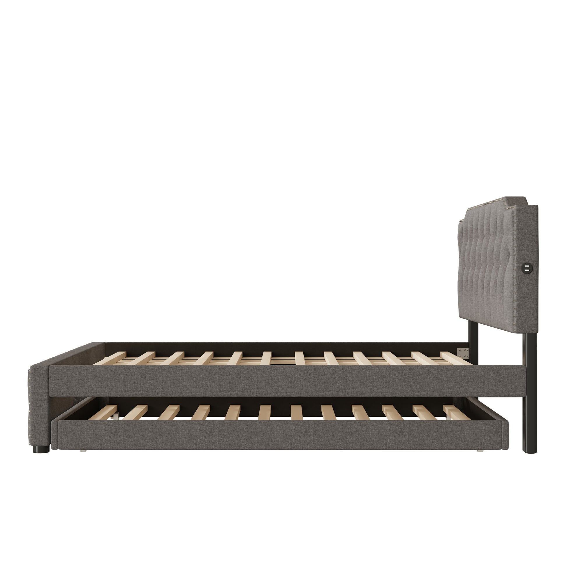 Queen Size Upholstered Platform Bed With Twin Size Trundle And 2 Sets Of Usb Ports On Each Side, Linen Fabric, Gray Queen Gray Linen