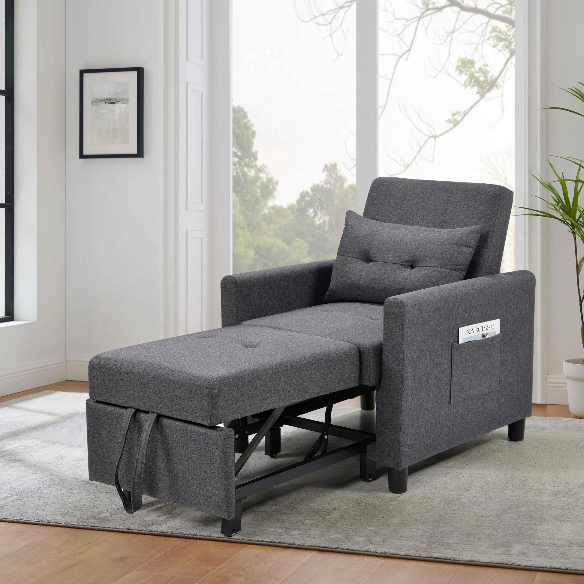 3 In 1 Convertible Futon Sofa Bed With Adjustable Backrest, Single Sofa Bed With Pull Out Sleeper, Convertible Futon Chair For Living Room, Side Bag And 1 Lumbar Pillow,Dark Gray Dark Gray Linen Wood Fabric 1 Seat