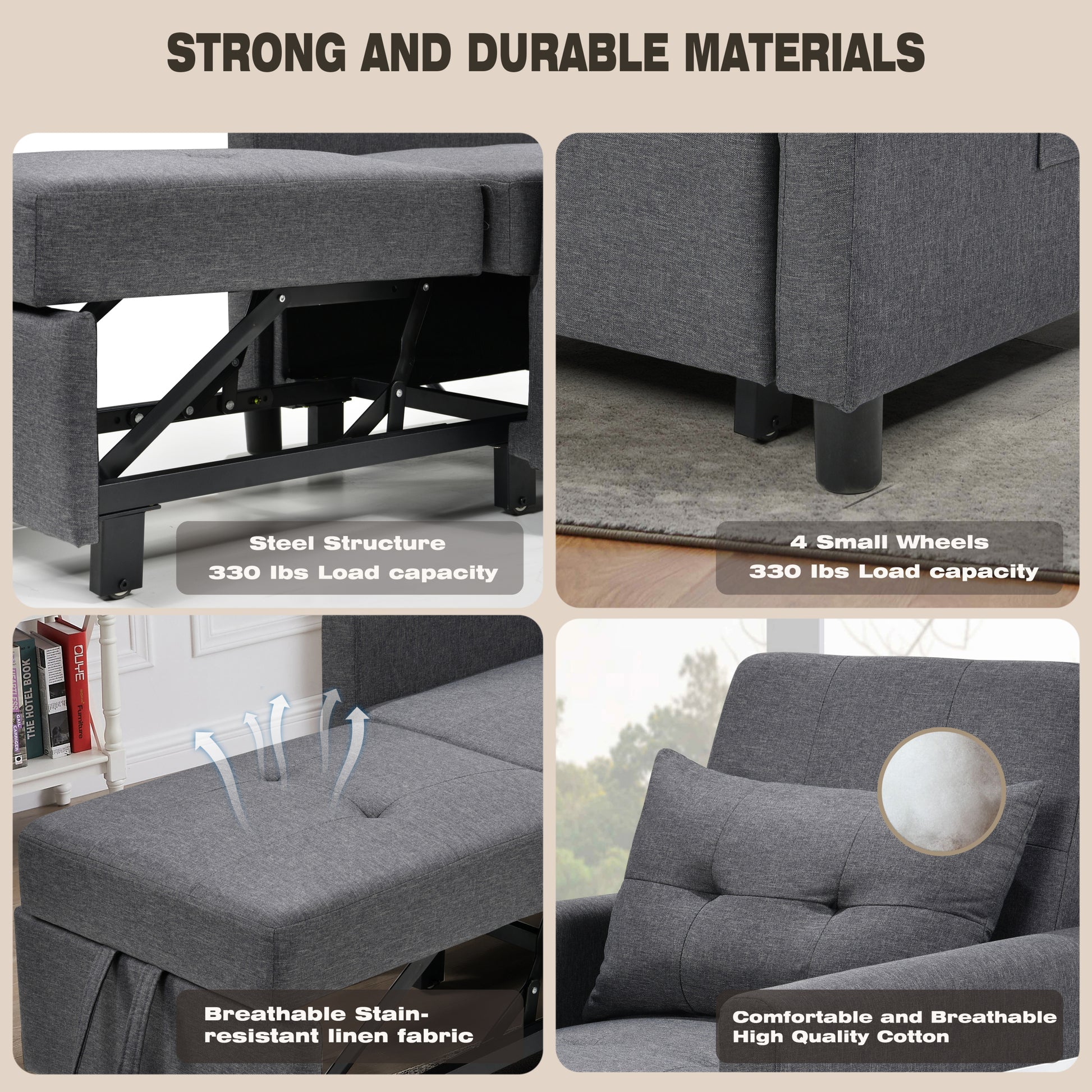 3 In 1 Convertible Futon Sofa Bed With Adjustable Backrest, Single Sofa Bed With Pull Out Sleeper, Convertible Futon Chair For Living Room, Side Bag And 1 Lumbar Pillow,Dark Gray Dark Gray Linen Wood Fabric 1 Seat