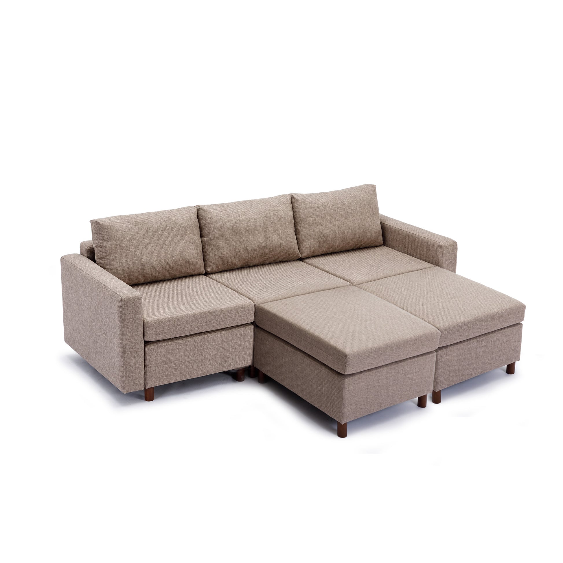 3 Seat Module Sectional Sofa Couch With 2 Ottoman For Living Room,Seat Cushion And Back Cushion Non Removable And Non Washable,Brown Brown Wood Primary Living Space Soft Modern Rubberwood Foam Linen
