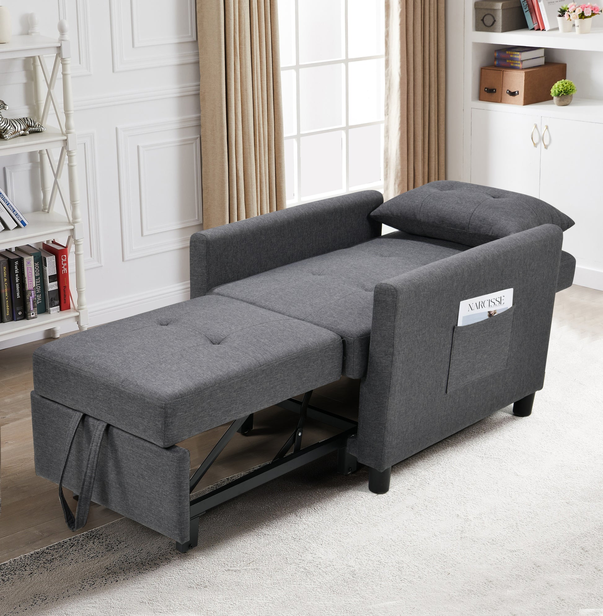 3 In 1 Convertible Futon Sofa Bed With Adjustable Backrest, Single Sofa Bed With Pull Out Sleeper, Convertible Futon Chair For Living Room, Side Bag And 1 Lumbar Pillow,Dark Gray Dark Gray Linen Wood Fabric 1 Seat