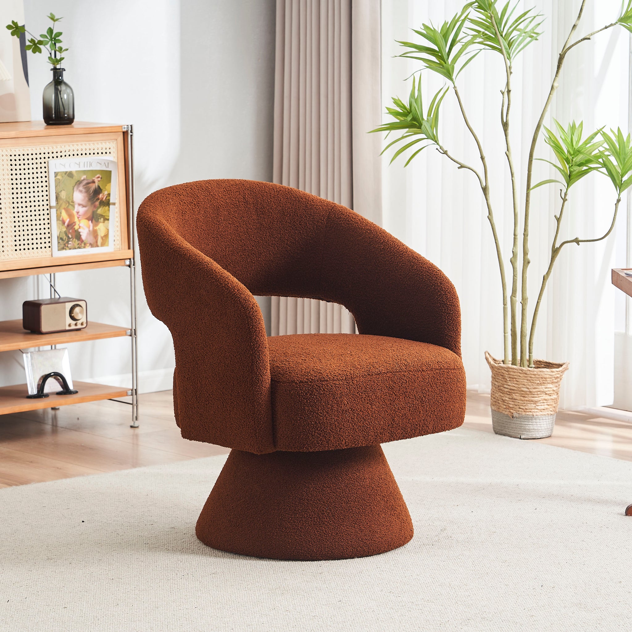 Swivel Accent Chair Armchair, Round Barrel Chair In Fabric For Living Room Bedroom,Brown Teddy Brown Faux Fur